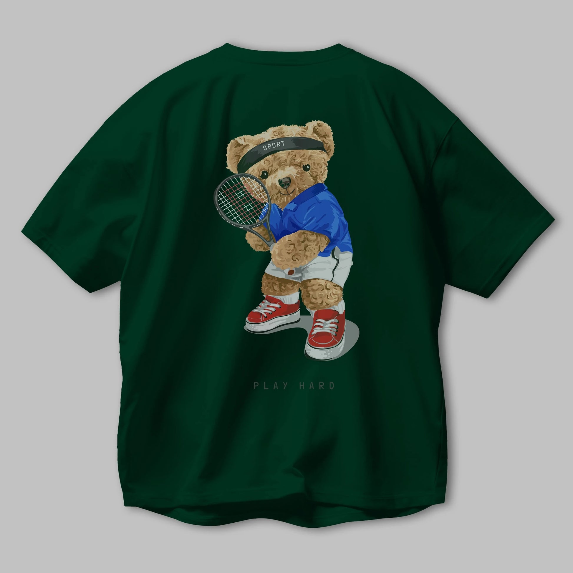 Teddy Bear Play Hard Arka Baskılı Oversize t-shirt Erkek Kadın Unisex %100 Pamuk