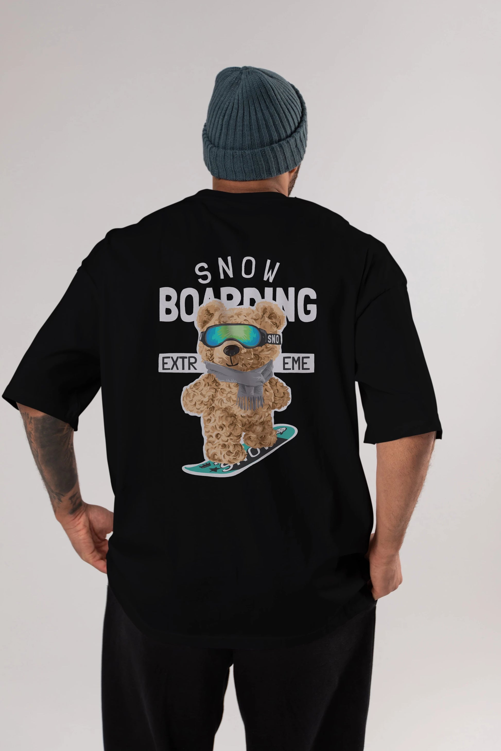 Teddy Bear Snow Boarding Arka Baskılı Oversize t-shirt Erkek Kadın Unisex %100 Pamuk