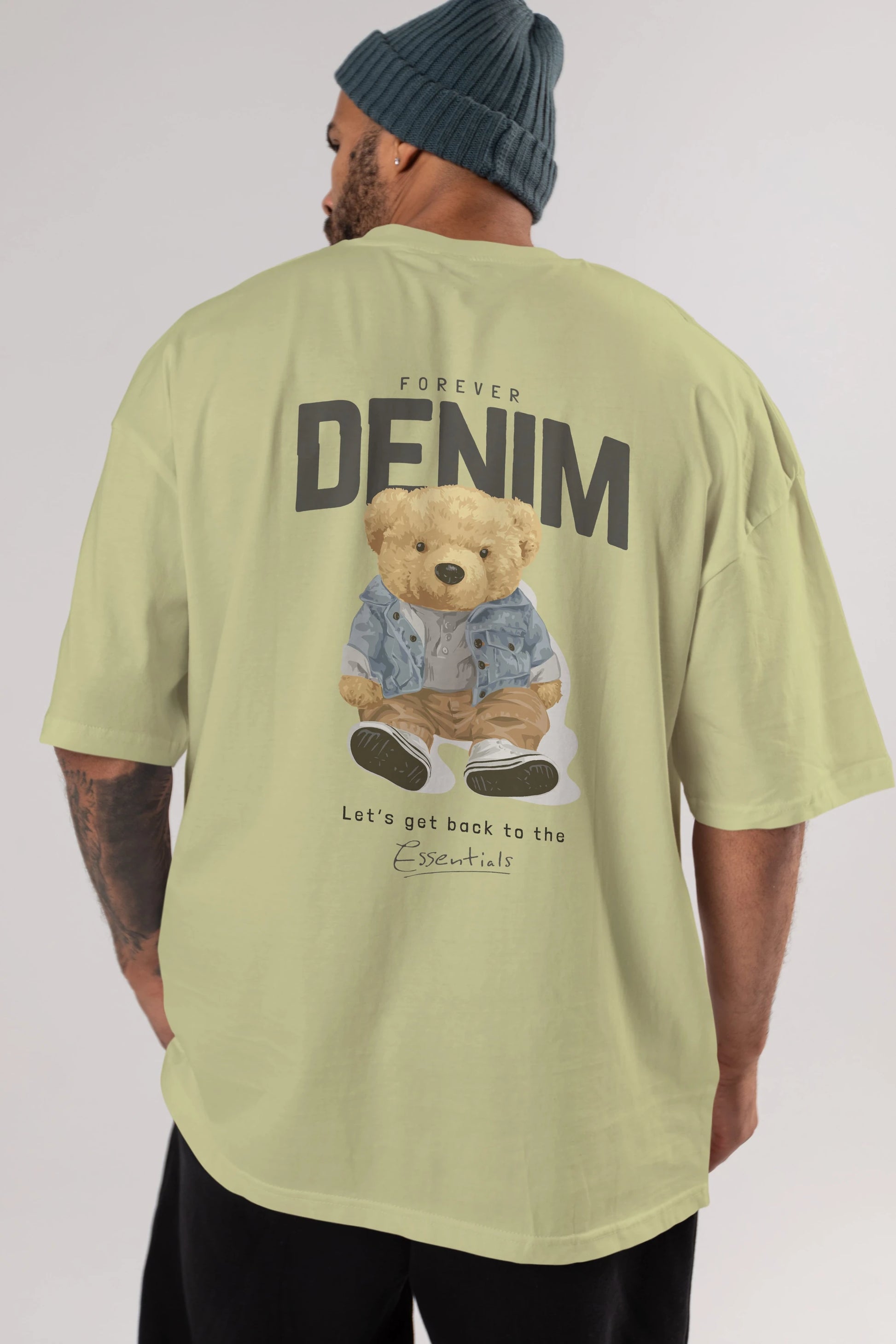 Teddy Bear Forever Denim Arka Baskılı Oversize t-shirt Erkek Kadın Unisex %100 Pamuk