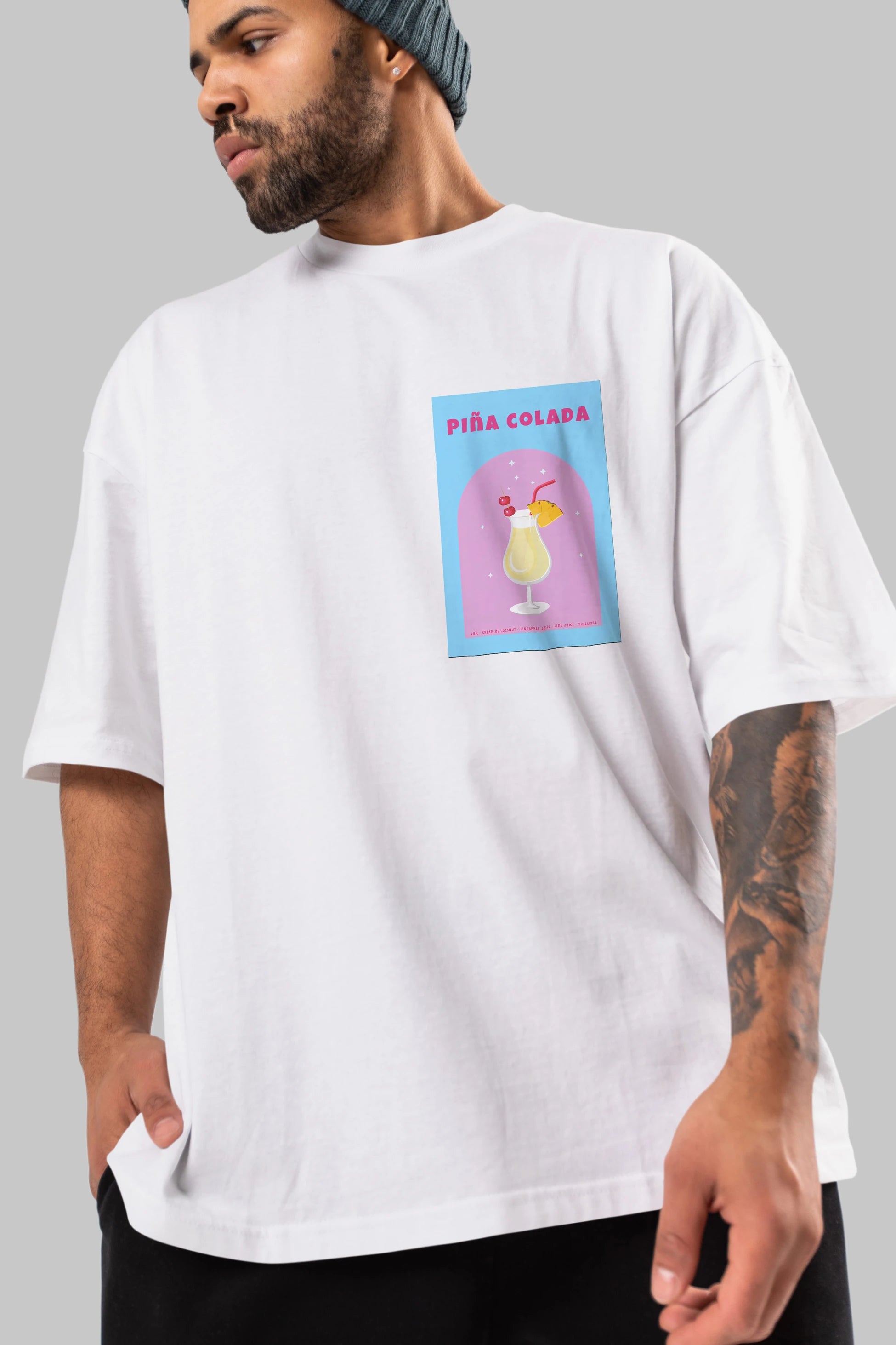 Pina Colada 2 Ön Sol Baskılı Oversize t-shirt Erkek Kadın Unisex %100 Pamuk Bisiklet Yaka tişort