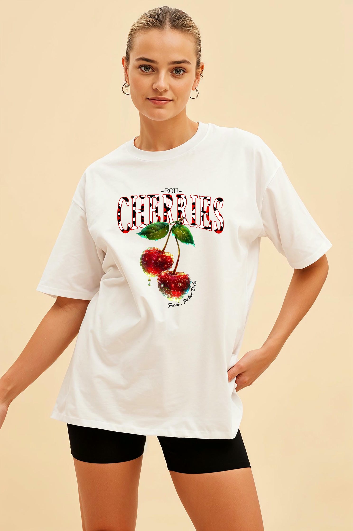Cherry Cherries 7 Ön Baskılı Oversize t-shirt Erkek Kadın Pamuk Bisiklet Yaka tişort