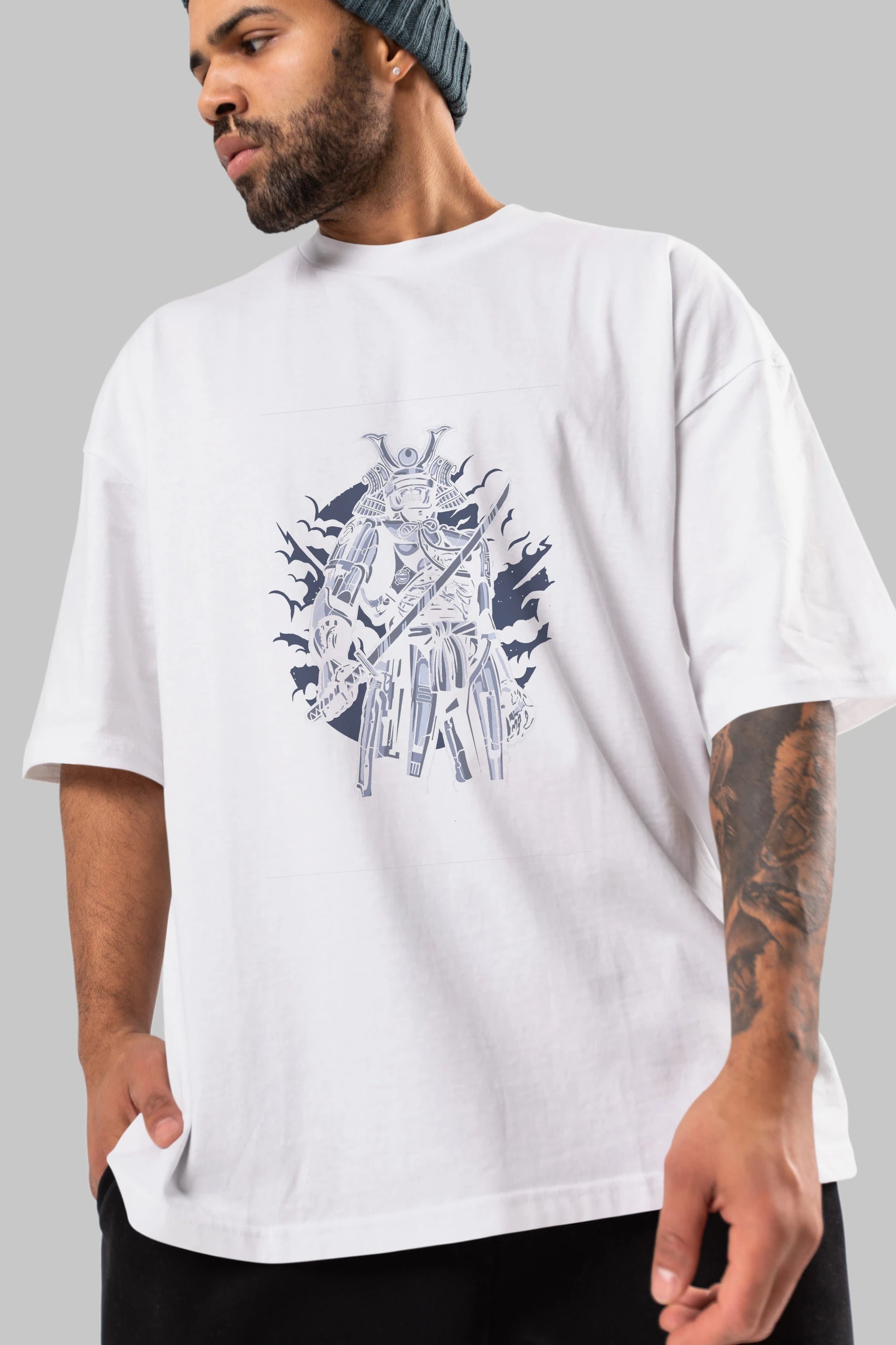Samurai Robot Skull Ön Baskılı Oversize t-shirt Erkek Kadın Unisex %100 Pamuk tişort