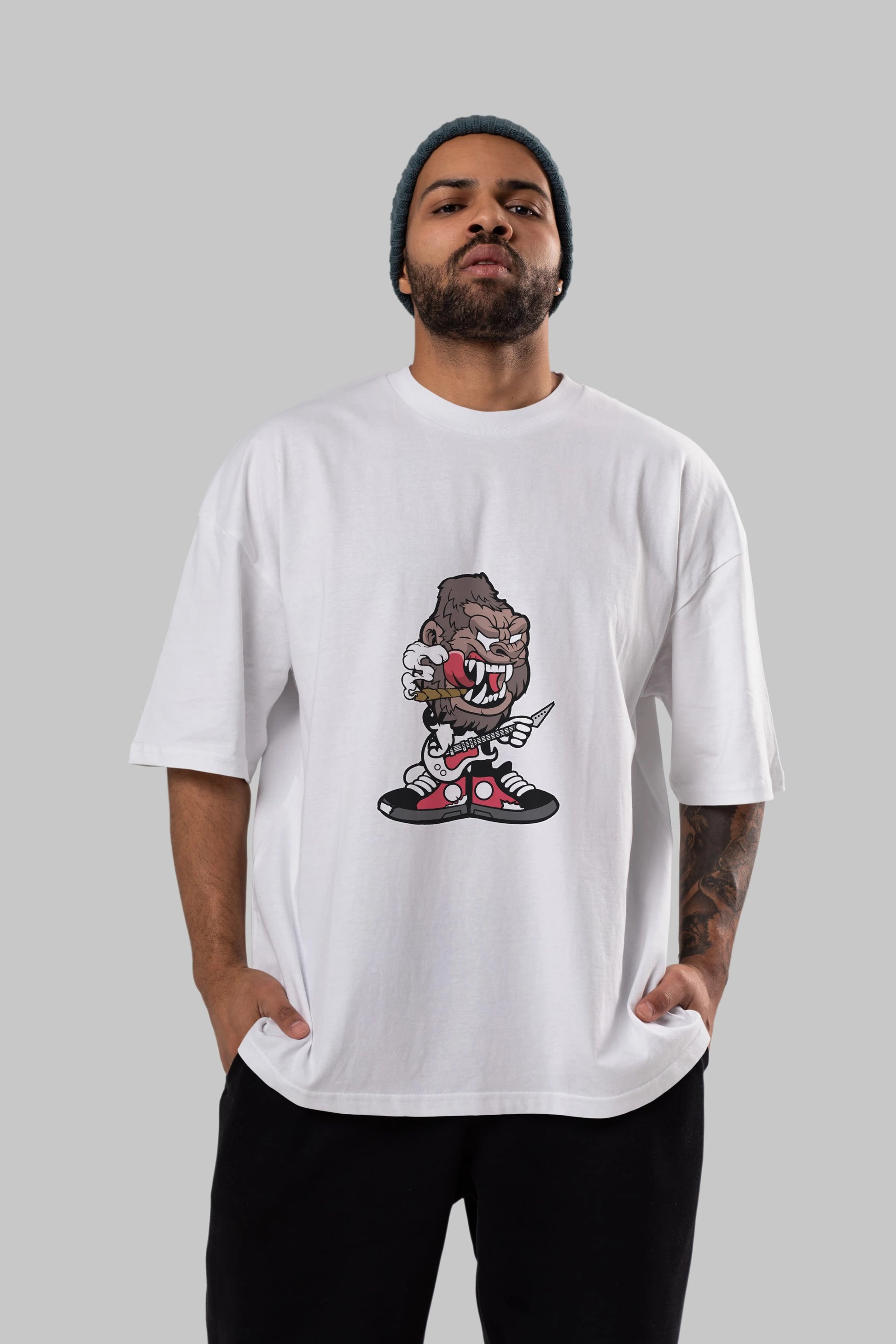 Gorilla Rock Star Ön Baskılı Oversize t-shirt Erkek Kadın Unisex %100 Pamuk tişort