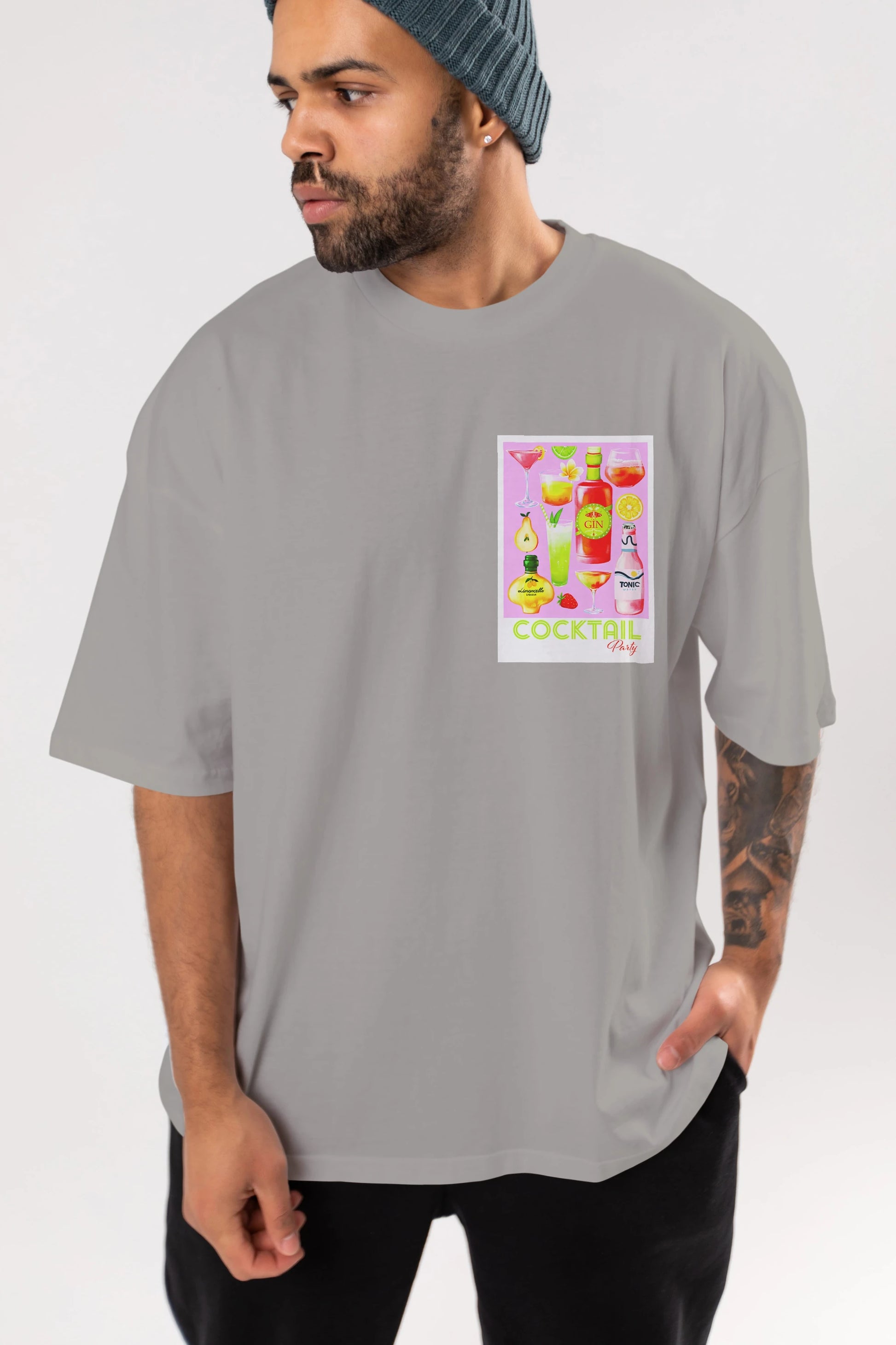Cocktail Party Ön Sol Baskılı Oversize t-shirt Erkek Kadın Unisex %100 Pamuk Bisiklet Yaka tişort