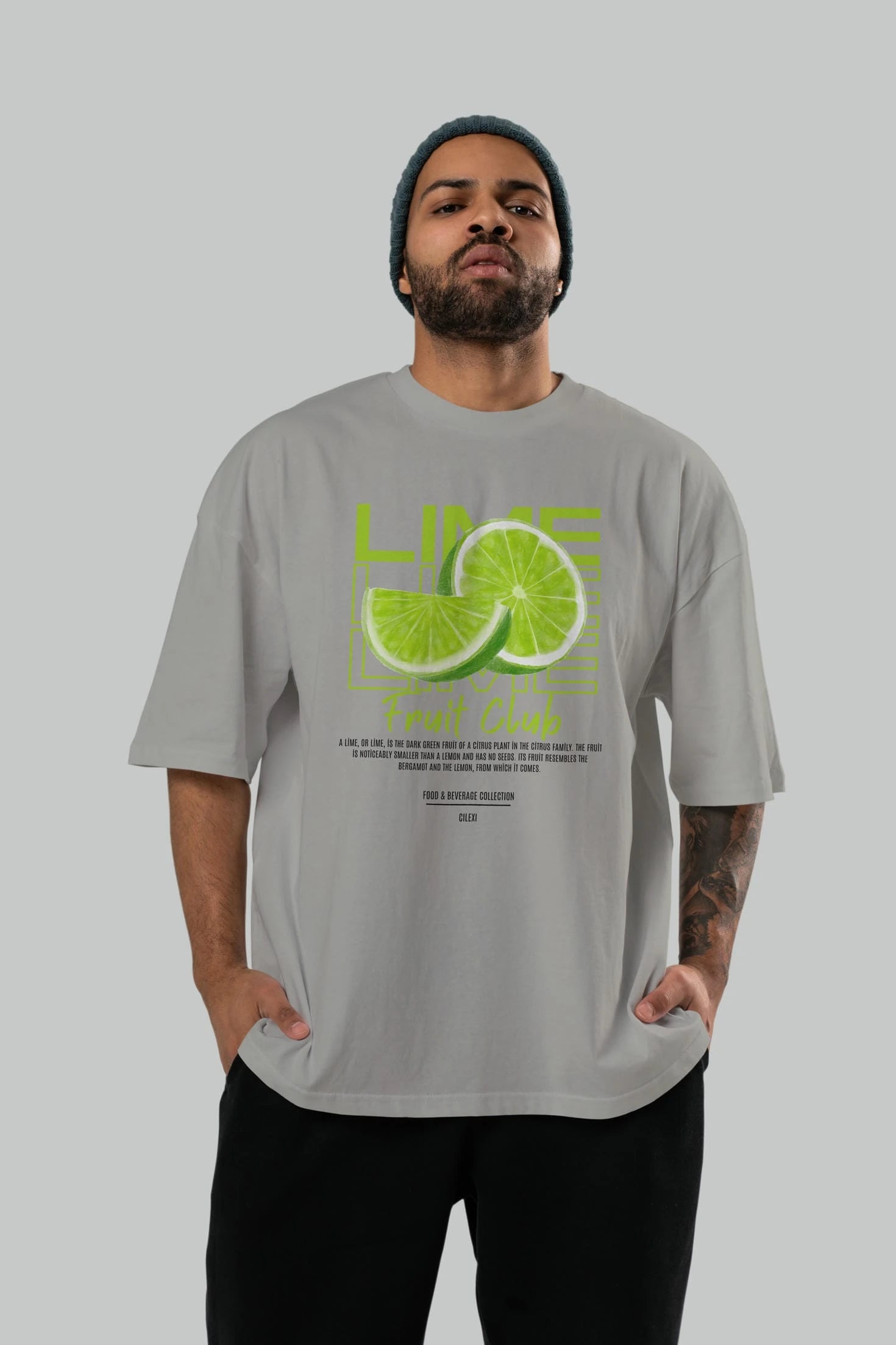 Lime Ön Baskılı Oversize t-shirt Erkek Kadın Pamuk Bisiklet Yaka tişort