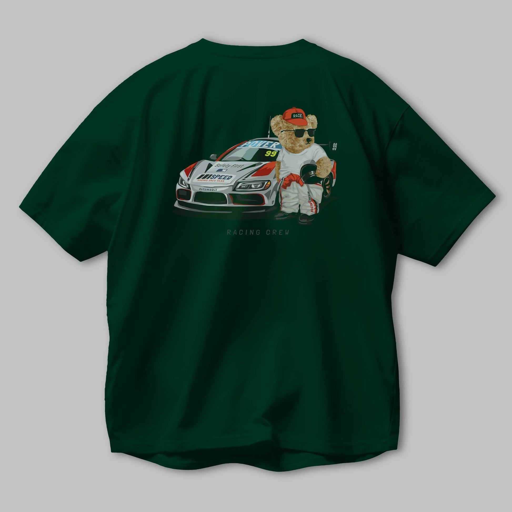 Teddy Bear Racing Crew Arka Baskılı Oversize t-shirt Erkek Kadın Unisex %100 Pamuk