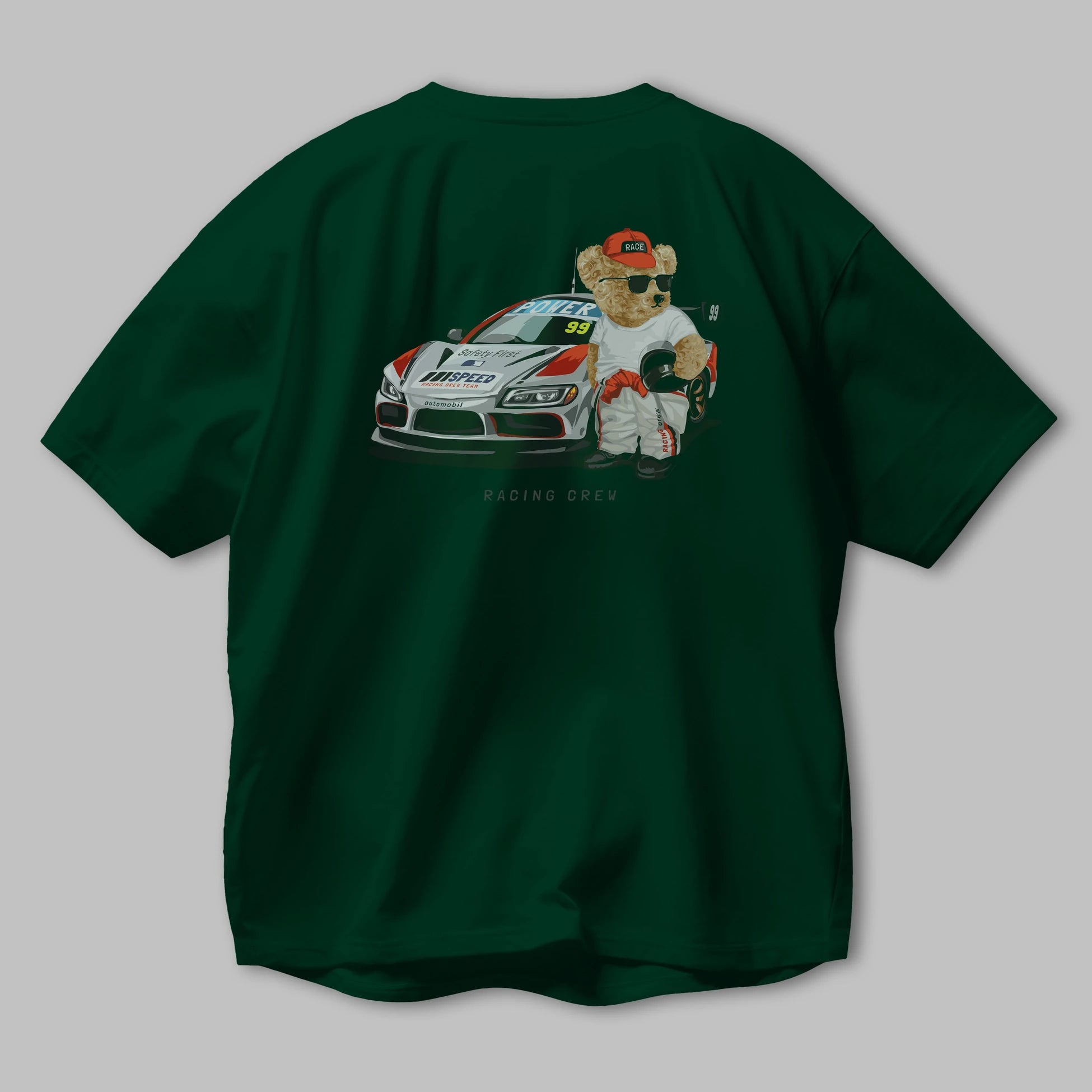Teddy Bear Racing Crew Arka Baskılı Oversize t-shirt Erkek Kadın Unisex %100 Pamuk