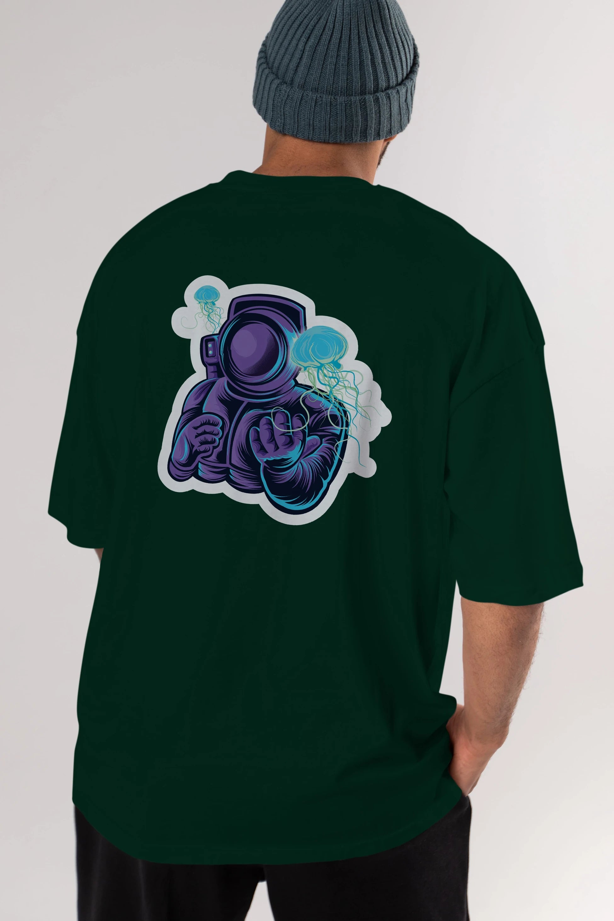 Astronaut and Jellyfish Sticker Arka Baskılı Oversize t-shirt Erkek Kadın Unisex