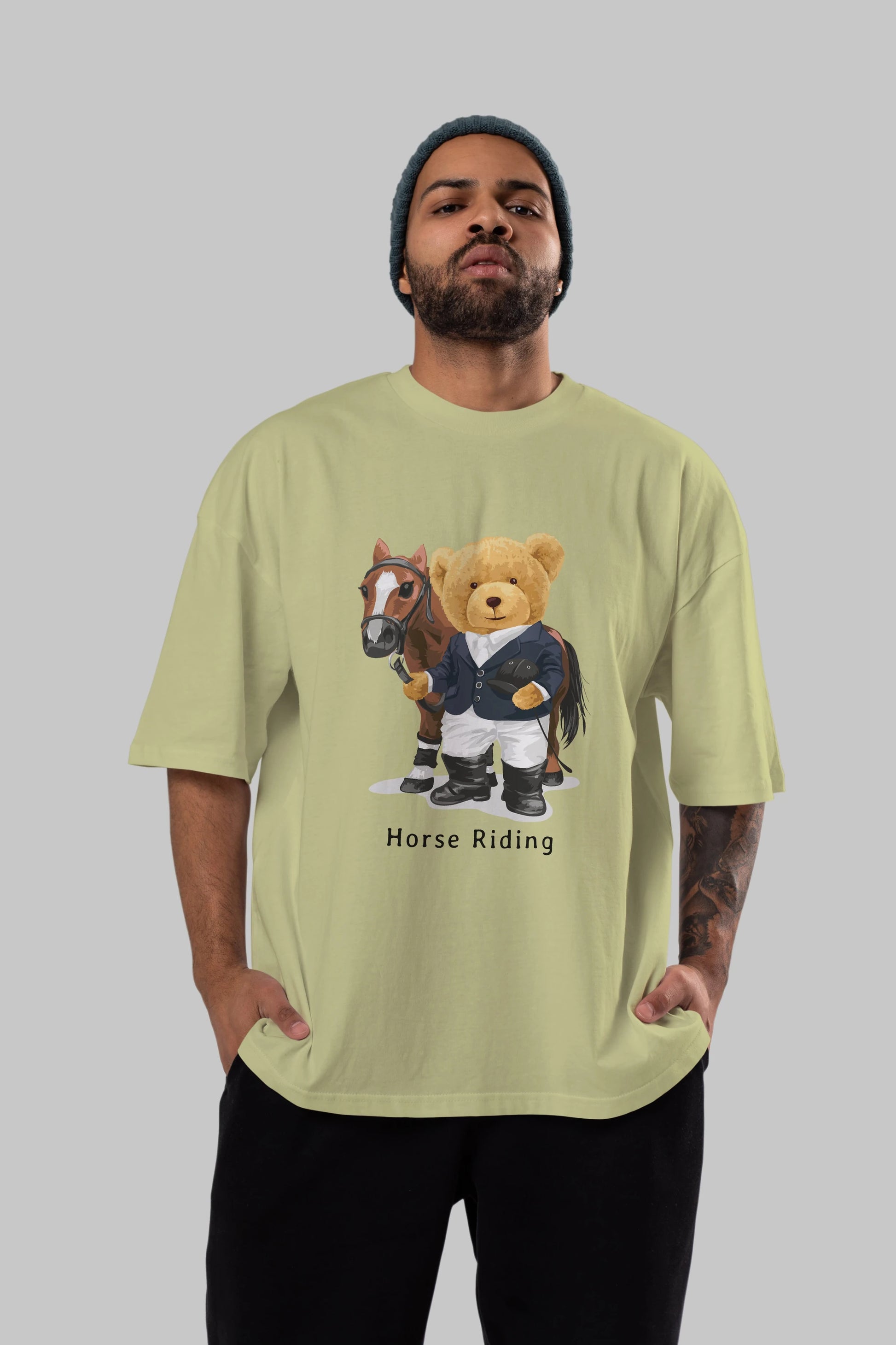 Teddy Bear Horse Riding Ön Baskılı Oversize t-shirt Erkek Kadın Unisex %100 Pamuk