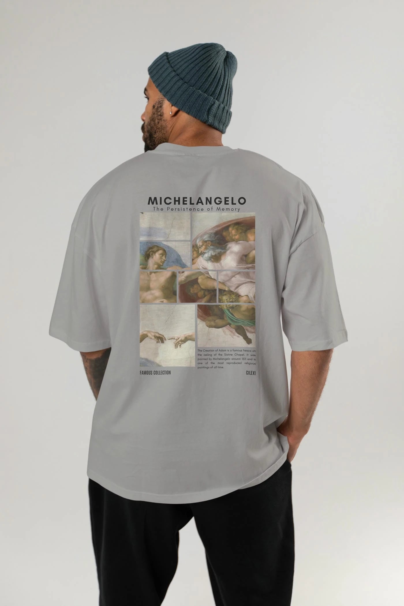 Michelangelo Arka Baskılı Oversize t-shirt Erkek Kadın Bisiklet Yaka Pamuk tişort