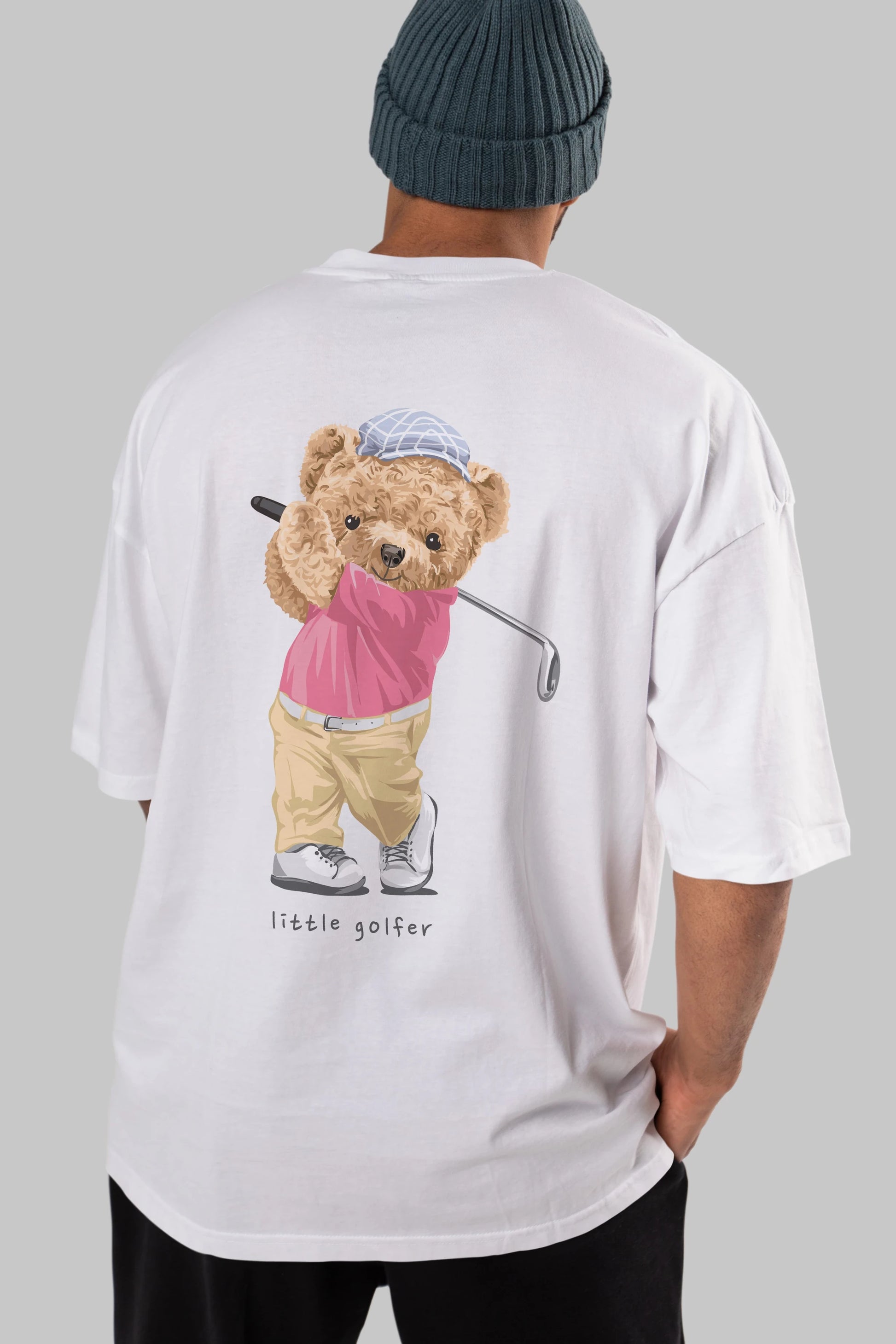 Teddy Bear Little Golfer Arka Baskılı Oversize t-shirt Erkek Kadın Unisex %100 Pamuk