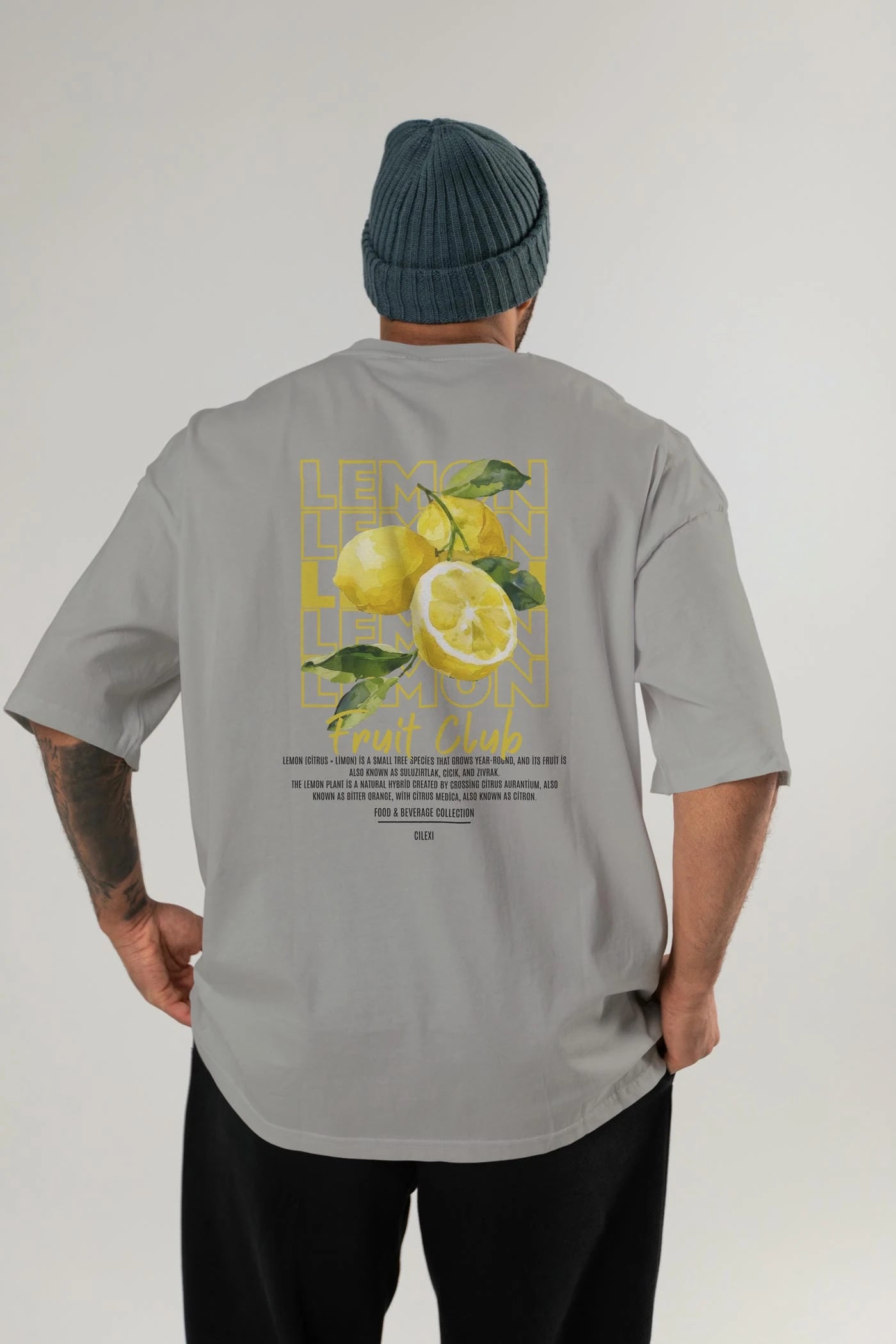 Lemon Arka Baskılı Oversize t-shirt Erkek Kadın Pamuk Bisiklet Yaka tişort