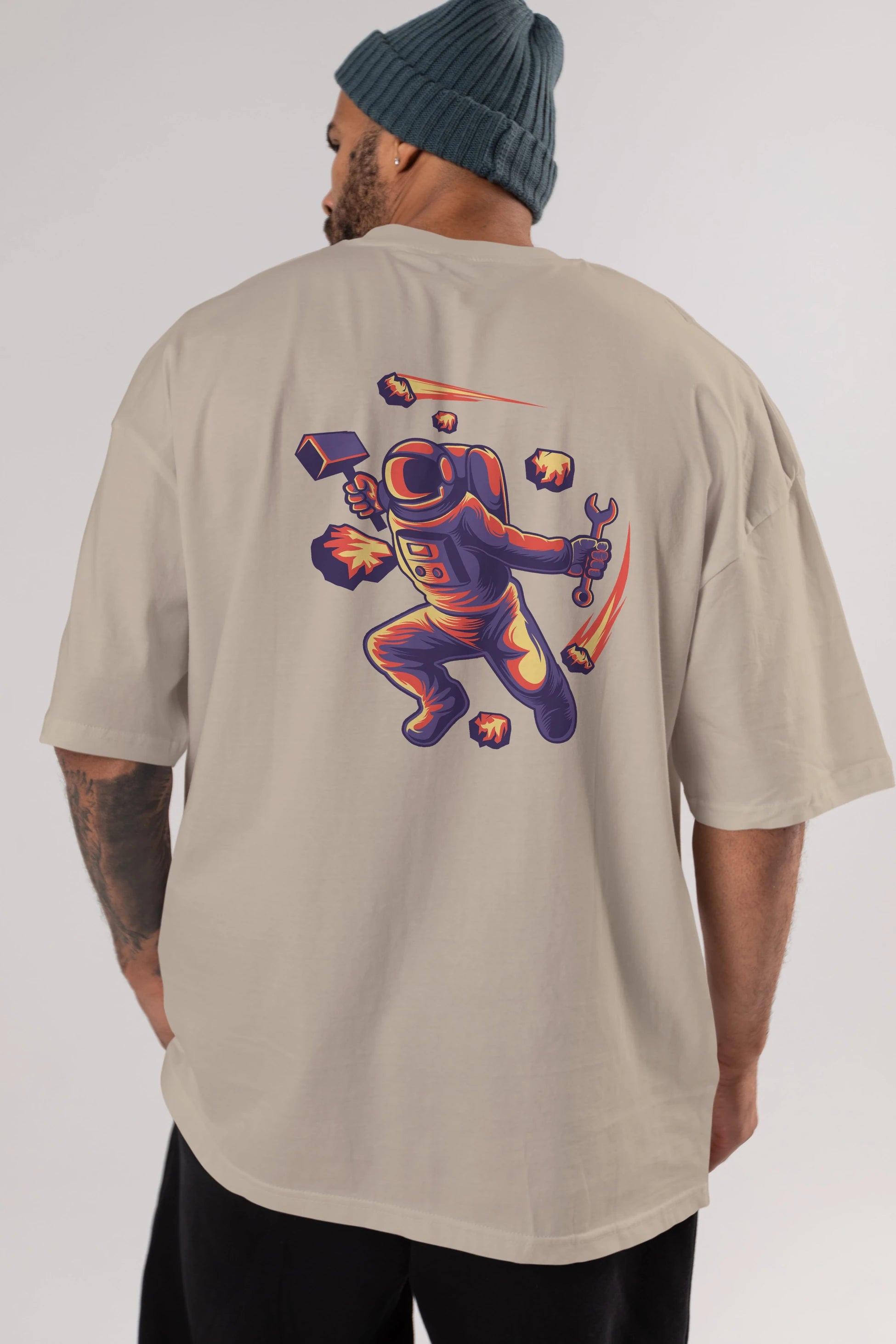 Astronaut Block Meteor Arka Baskılı Oversize t-shirt Erkek Kadın Unisex