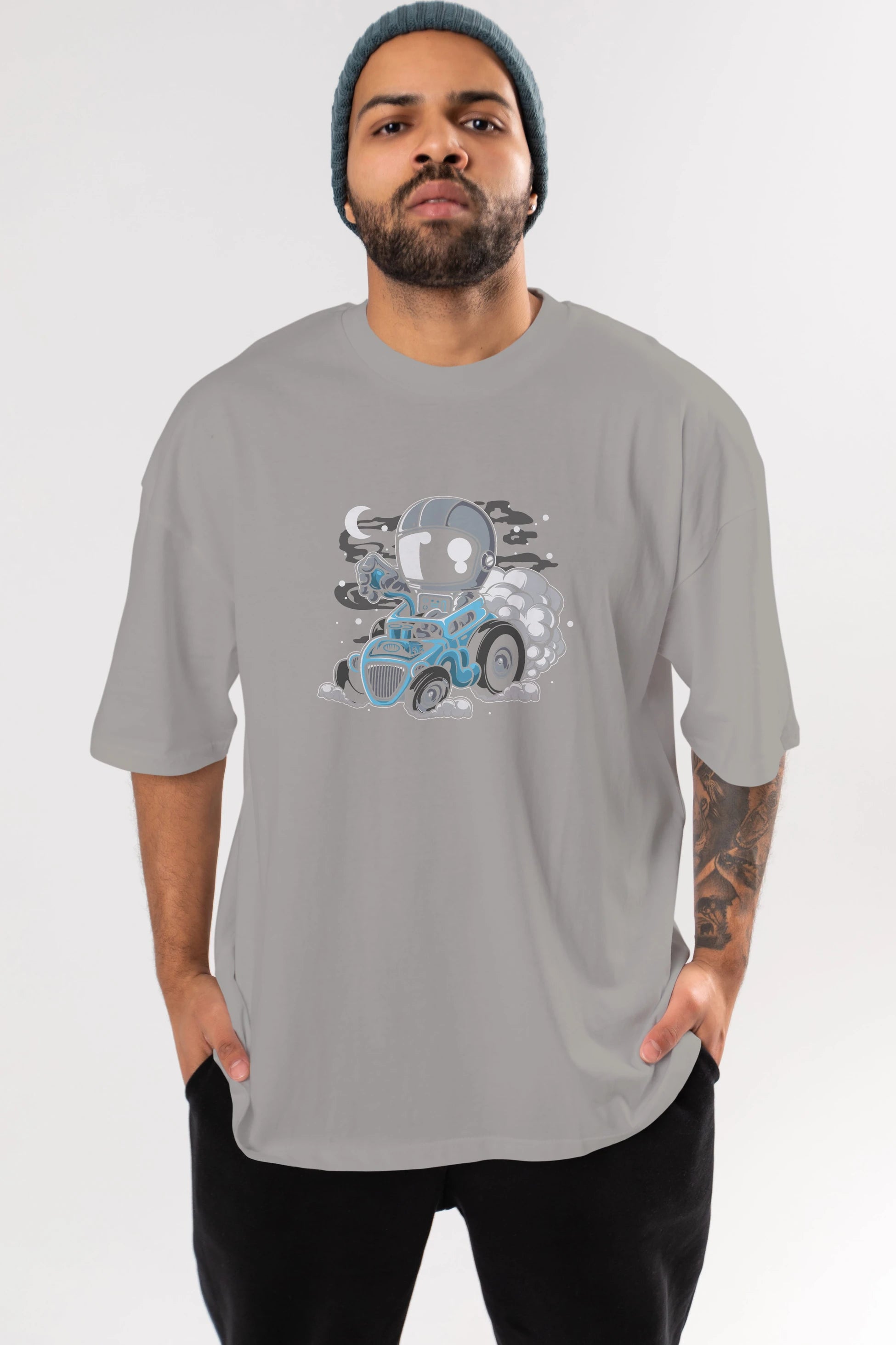 Astronaut Hotrod Ön Baskılı Oversize t-shirt Erkek Kadın Unisex