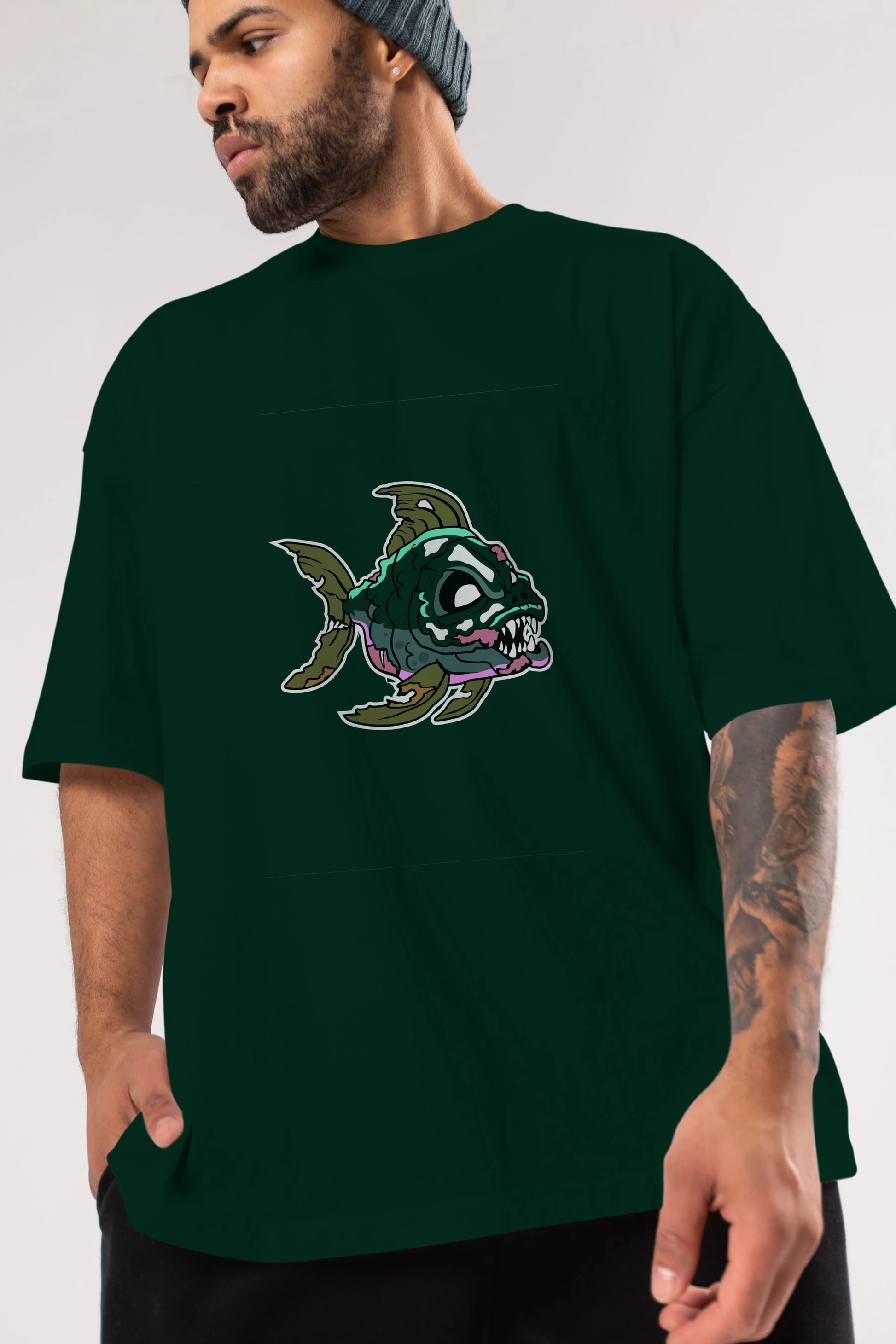 Fish Monster Ön Baskılı Oversize t-shirt Erkek Kadın Unisex %100 Pamuk tişort