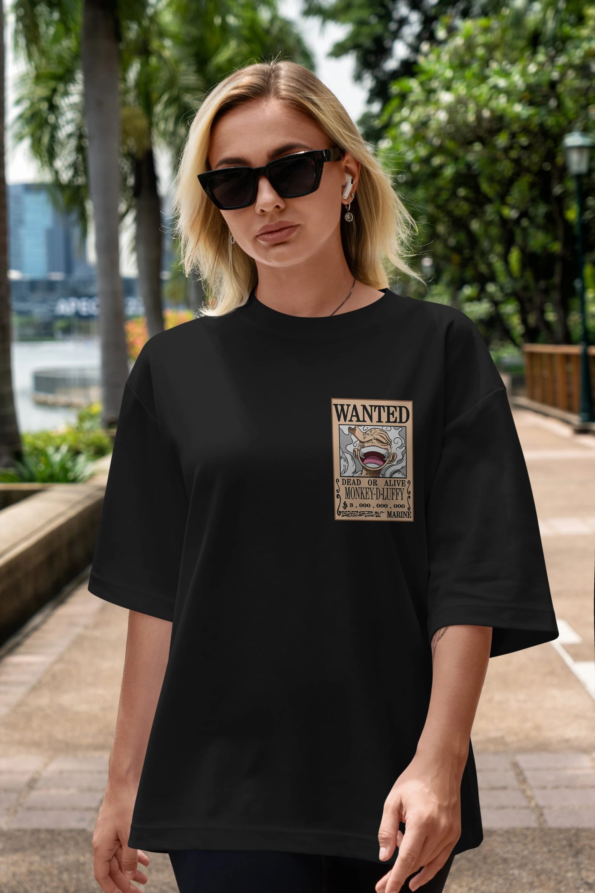 CARTEL LUFFY GEAR 5 Ön Sol Baskılı Oversize t-shirt Erkek Kadın Unisex %100 Pamuk Bisiklet Yaka tişort