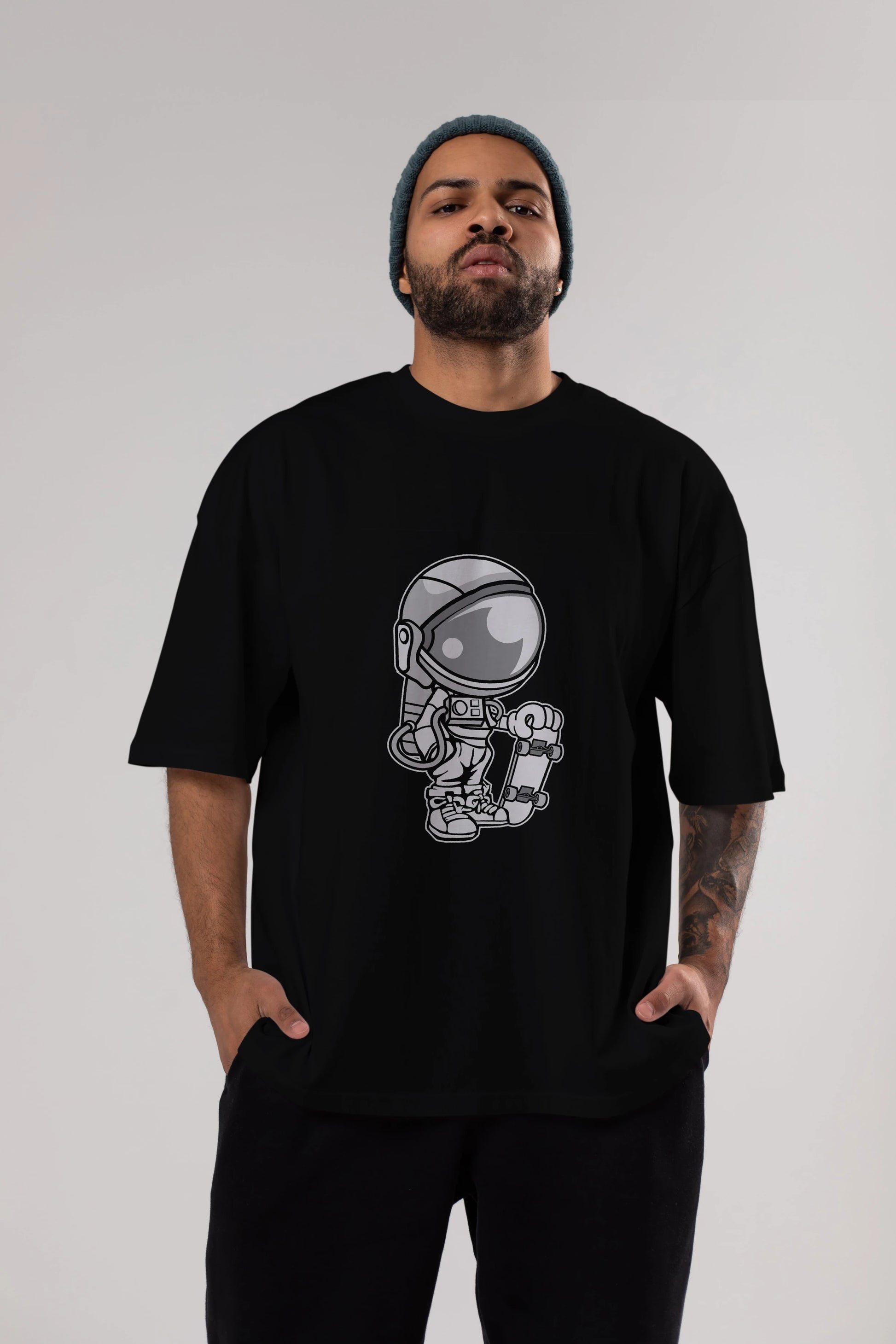 Astronaut Skaterboy Ön Baskılı Oversize t-shirt Erkek Kadın Unisex %100 Pamuk tişort