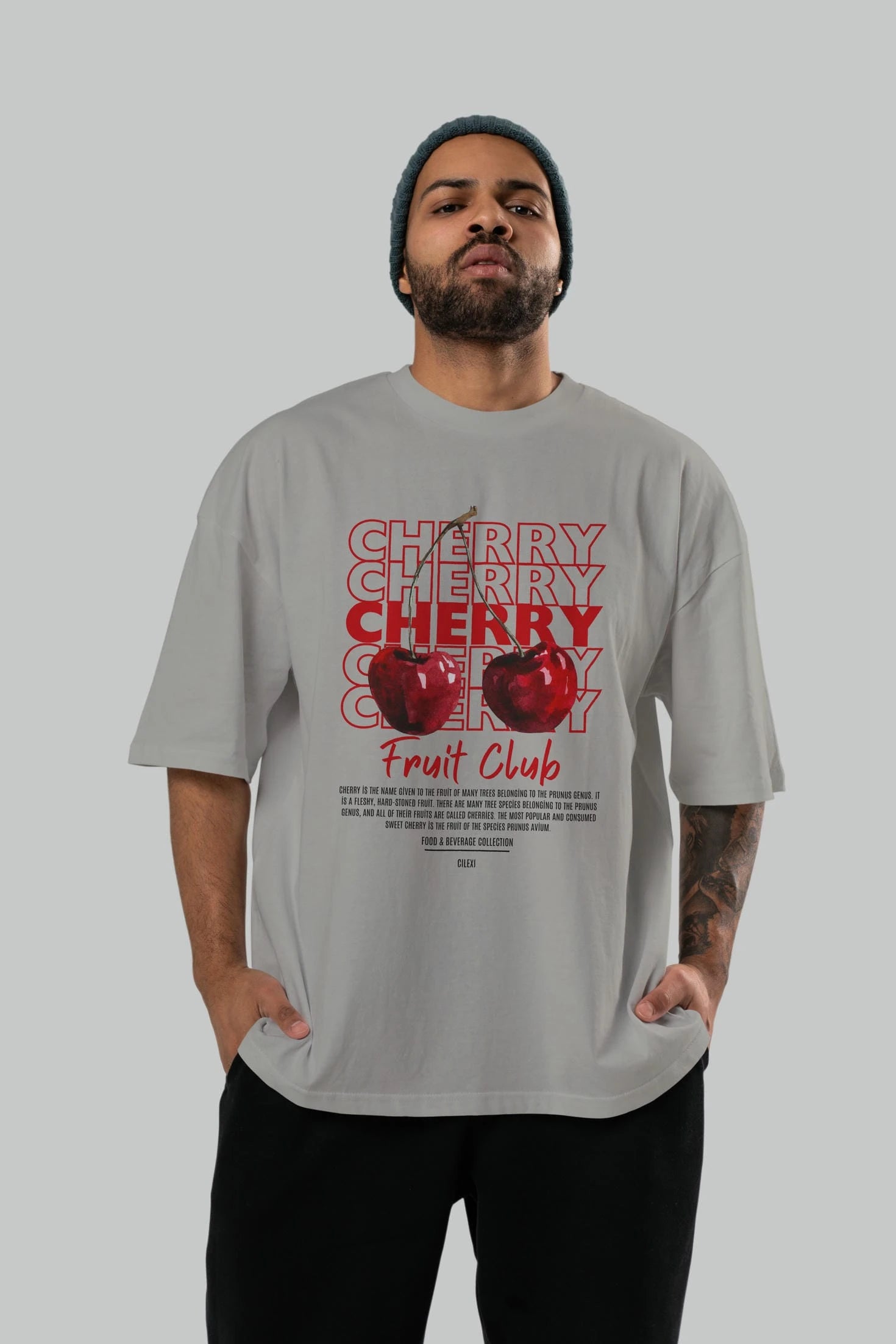 Cherry Ön Baskılı Oversize t-shirt Erkek Kadın Pamuk Bisiklet Yaka tişort