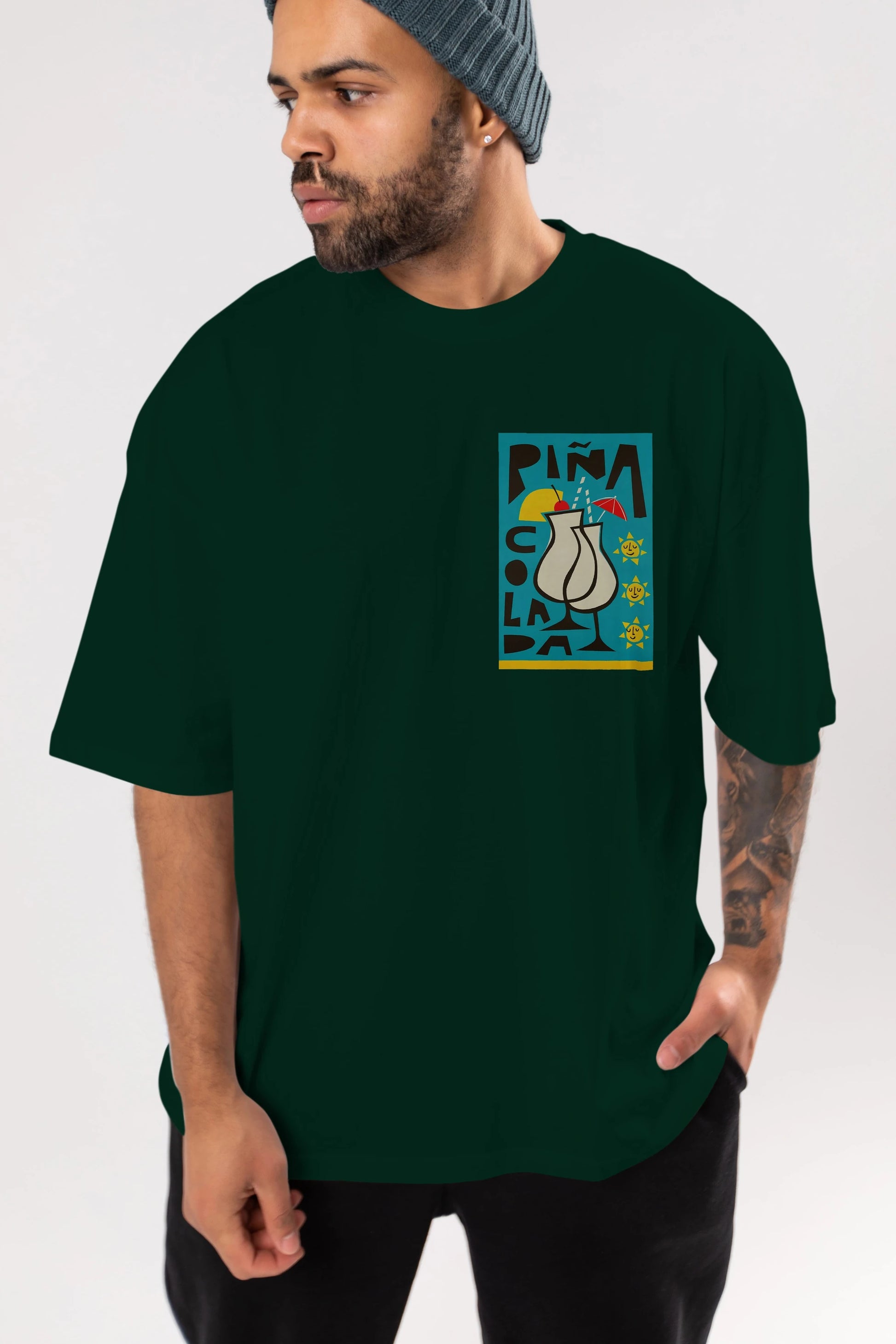 Pina Colada 4 Ön Sol Baskılı Oversize t-shirt Erkek Kadın Unisex %100 Pamuk Bisiklet Yaka tişort