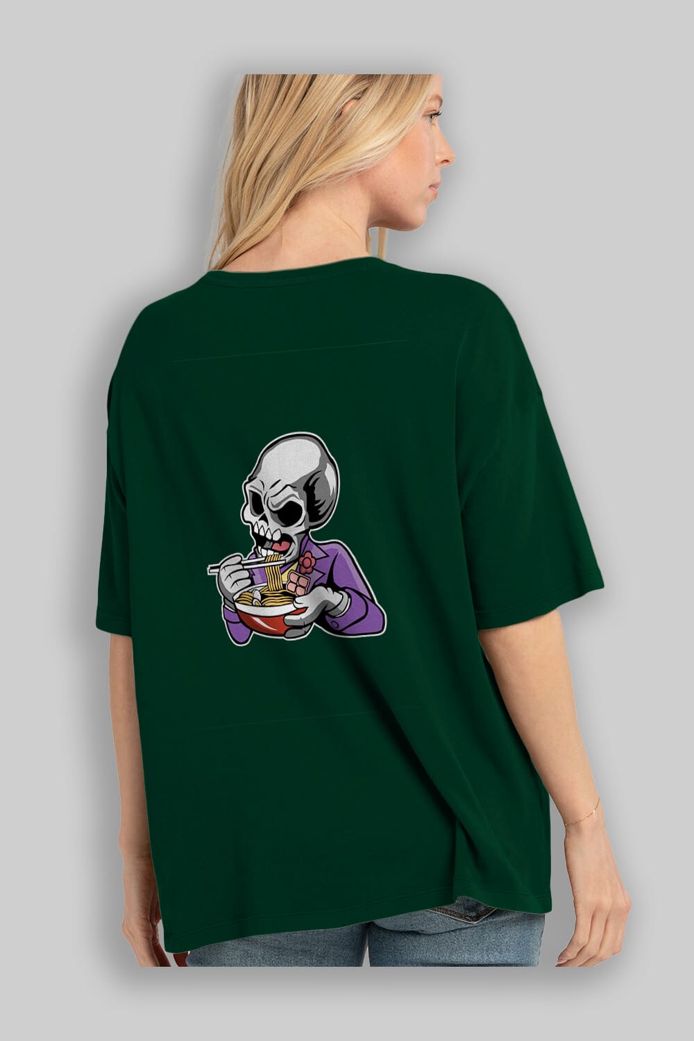 Skull Ramen Arka Baskılı Oversize t-shirt Erkek Kadın Unisex %100 Pamuk tişort
