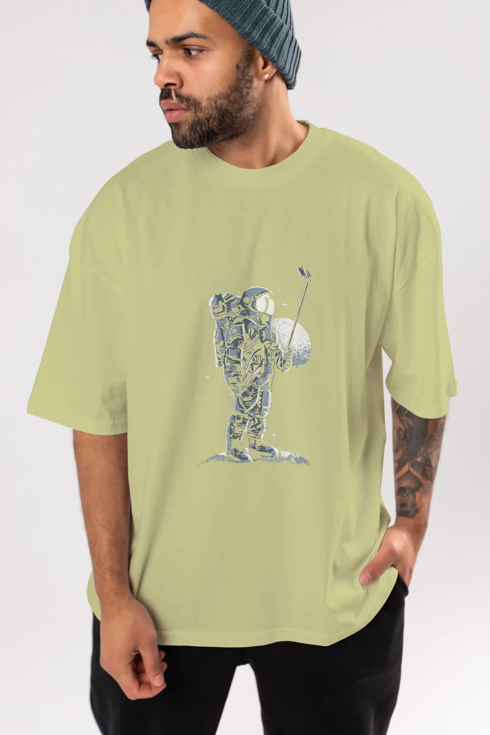 Selfie Astronaut Ön Baskılı Oversize t-shirt Erkek Kadın Unisex %100 Pamuk tişort