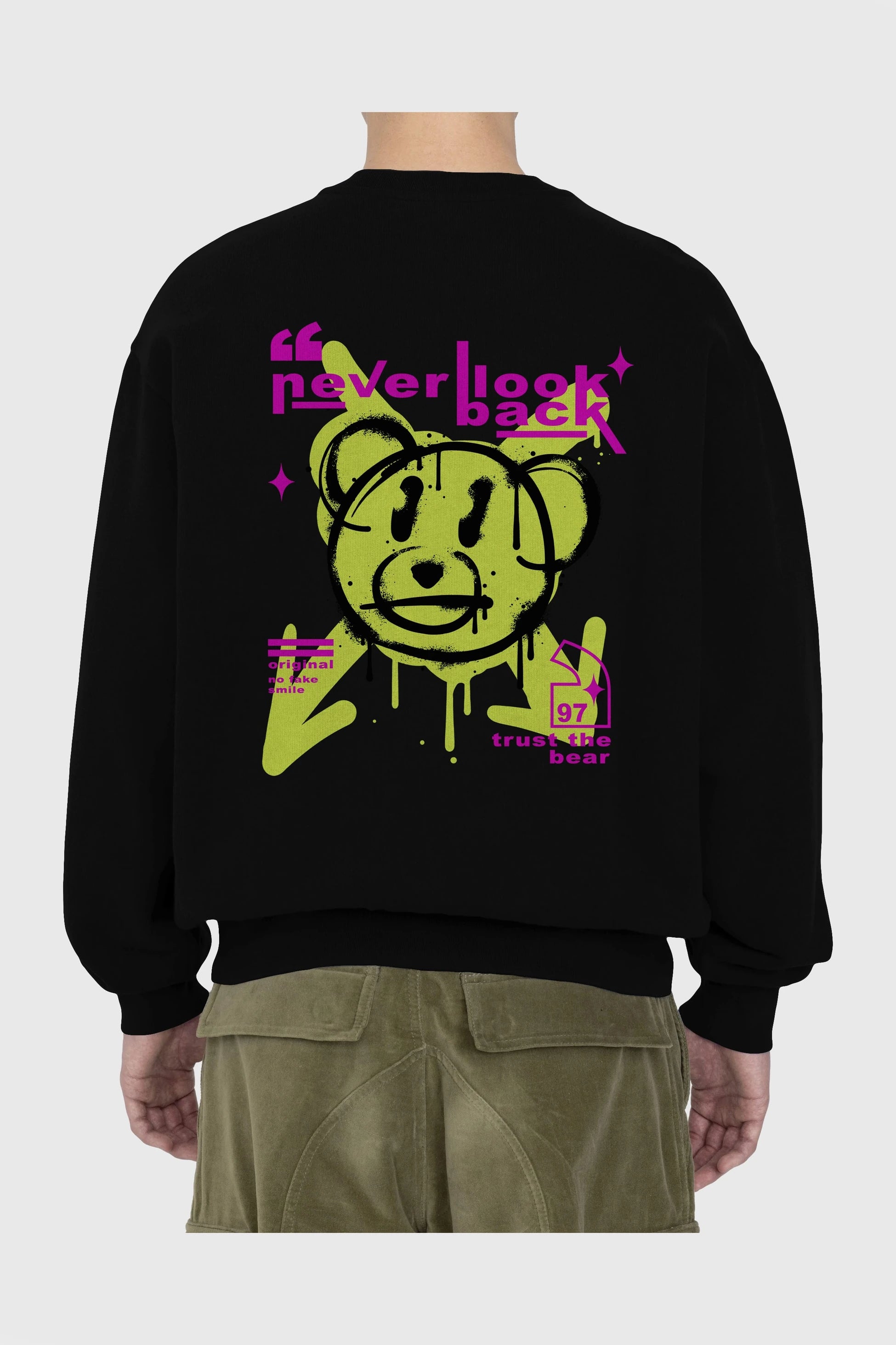 Never Look Back Bear Arka Baskılı Oversize Sweatshirt Erkek Kadın Unisex