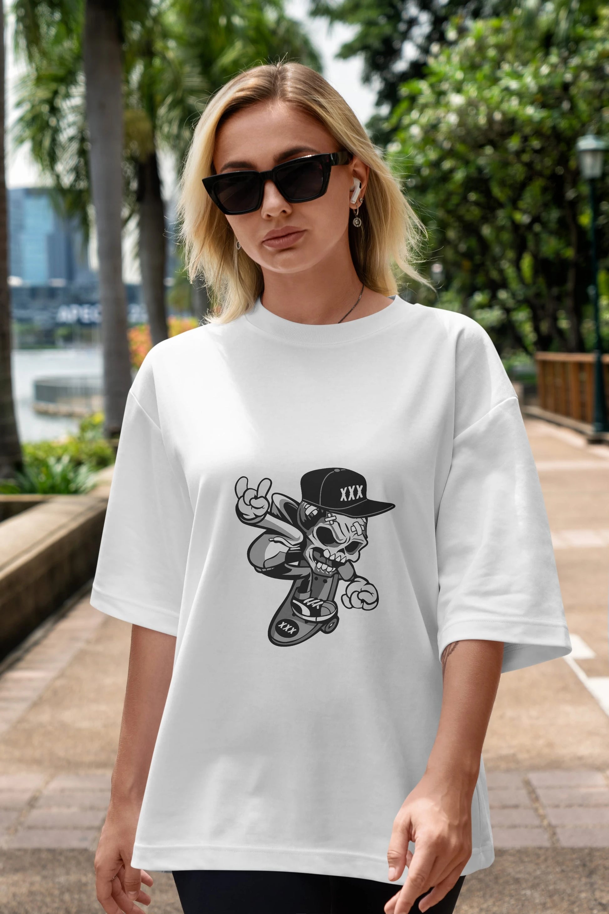Skull Skateboard Ön Baskılı Oversize t-shirt Erkek Kadın Unisex %100 Pamuk tişort