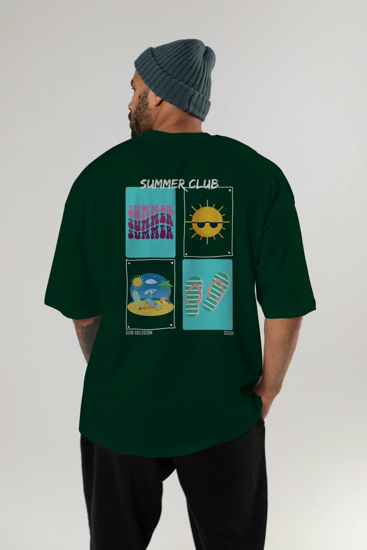 Summer Club Arka Baskılı Oversize t-shirt Erkek Kadın %100 Pamuk Bisiklet Yaka tişort