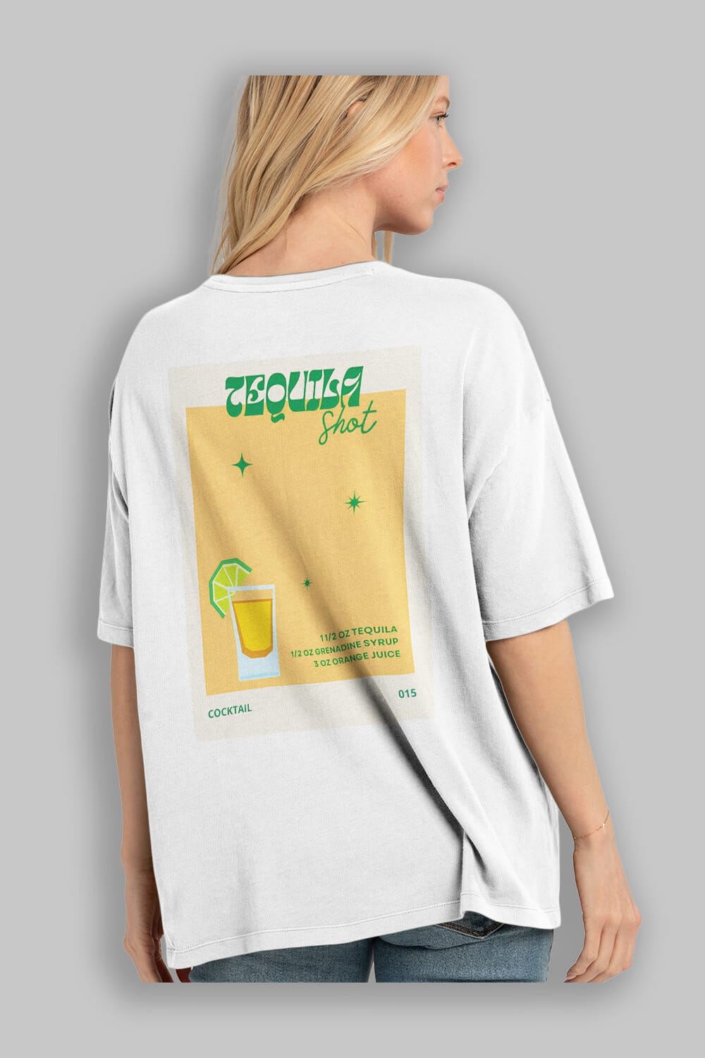 Tequila Shot 2 Arka Baskılı Oversize t-shirt Erkek Kadın Unisex %100 Pamuk Bisiklet Yaka tişort