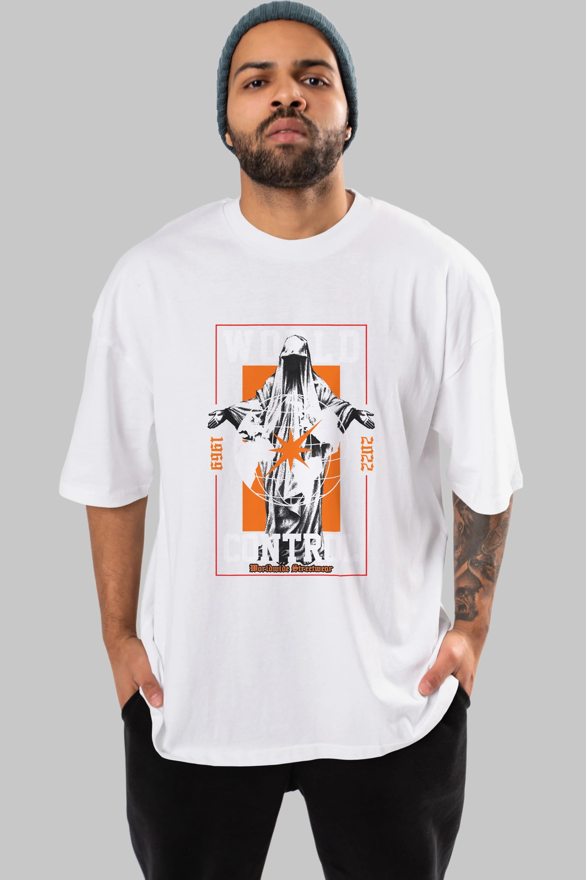 World Control Ön Baskılı Oversize t-shirt Erkek Kadın Unisex