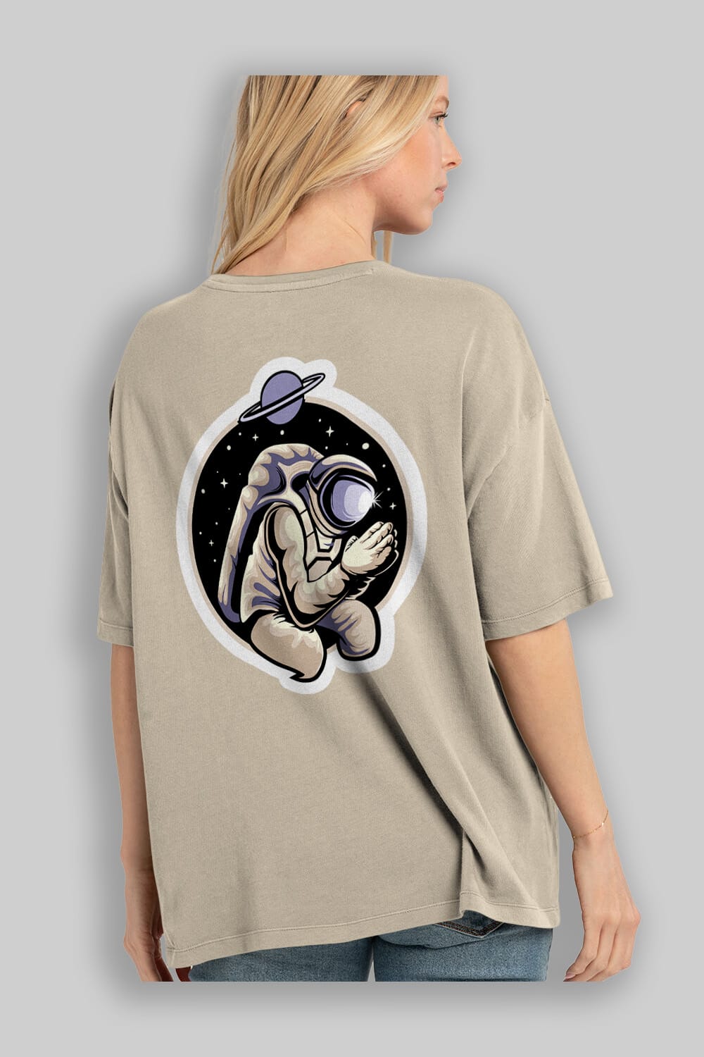 Astronaut Praying Sticker Arka Baskılı Oversize t-shirt Erkek Kadın Unisex
