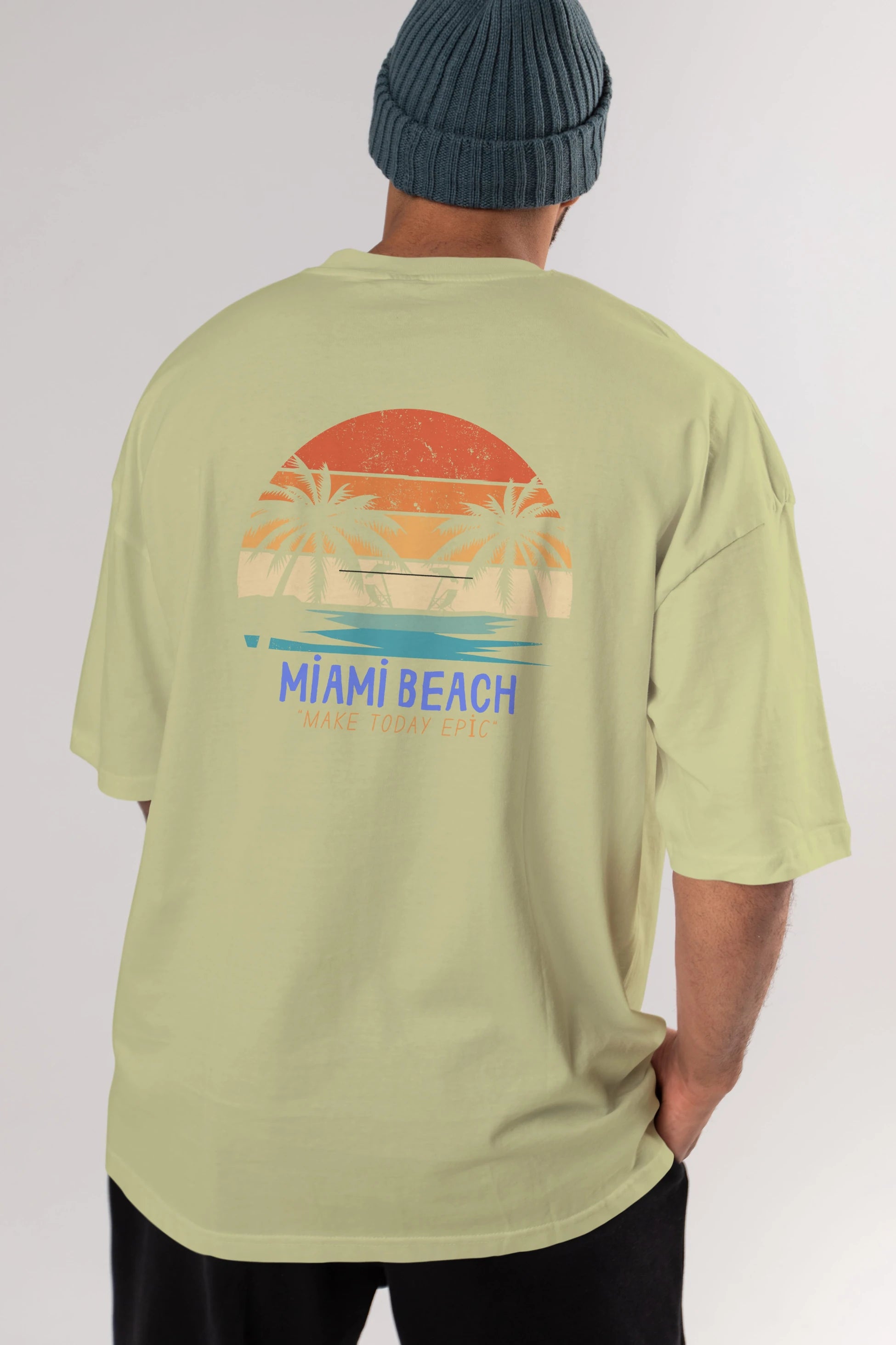 Miami Beach Yazılı Arka Baskılı Oversize t-shirt Erkek Kadın Unisex