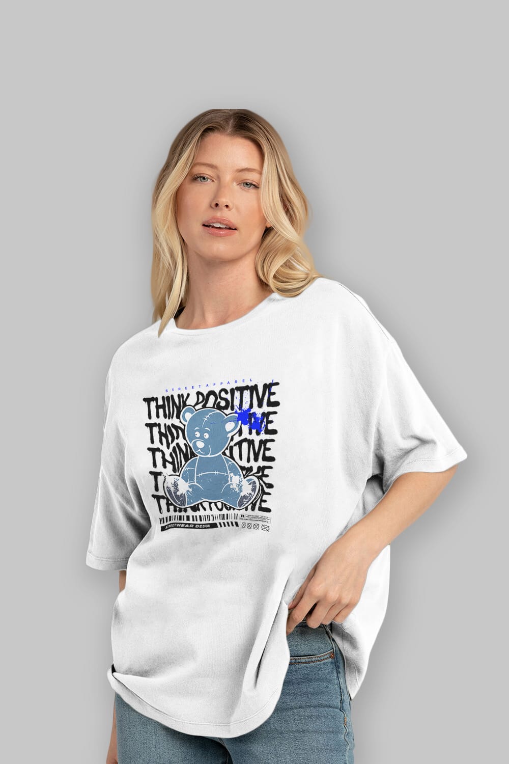 Teddy Bear Think Positive Ön Baskılı Oversize t-shirt Erkek Kadın Unisex