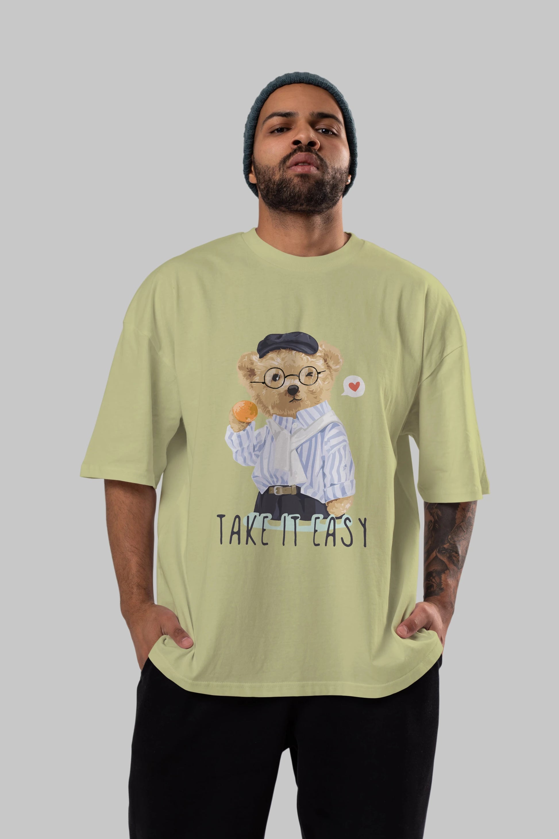 Teddy Bear Take it Easy Ön Baskılı Oversize t-shirt Erkek Kadın Unisex %100 Pamuk
