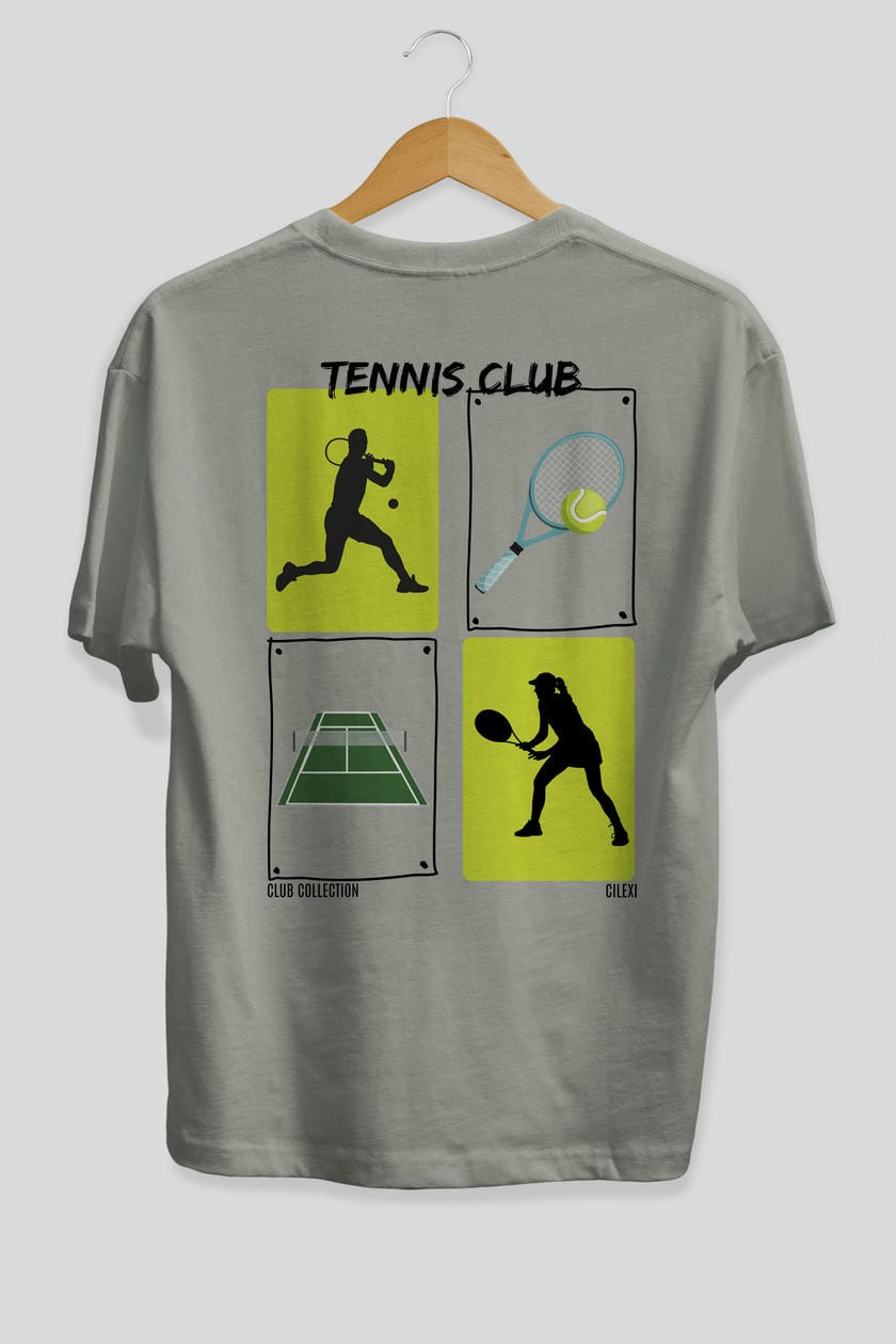 Tennis Club Arka Baskılı Oversize t-shirt Erkek Kadın %100 Pamuk Bisiklet Yaka tişort