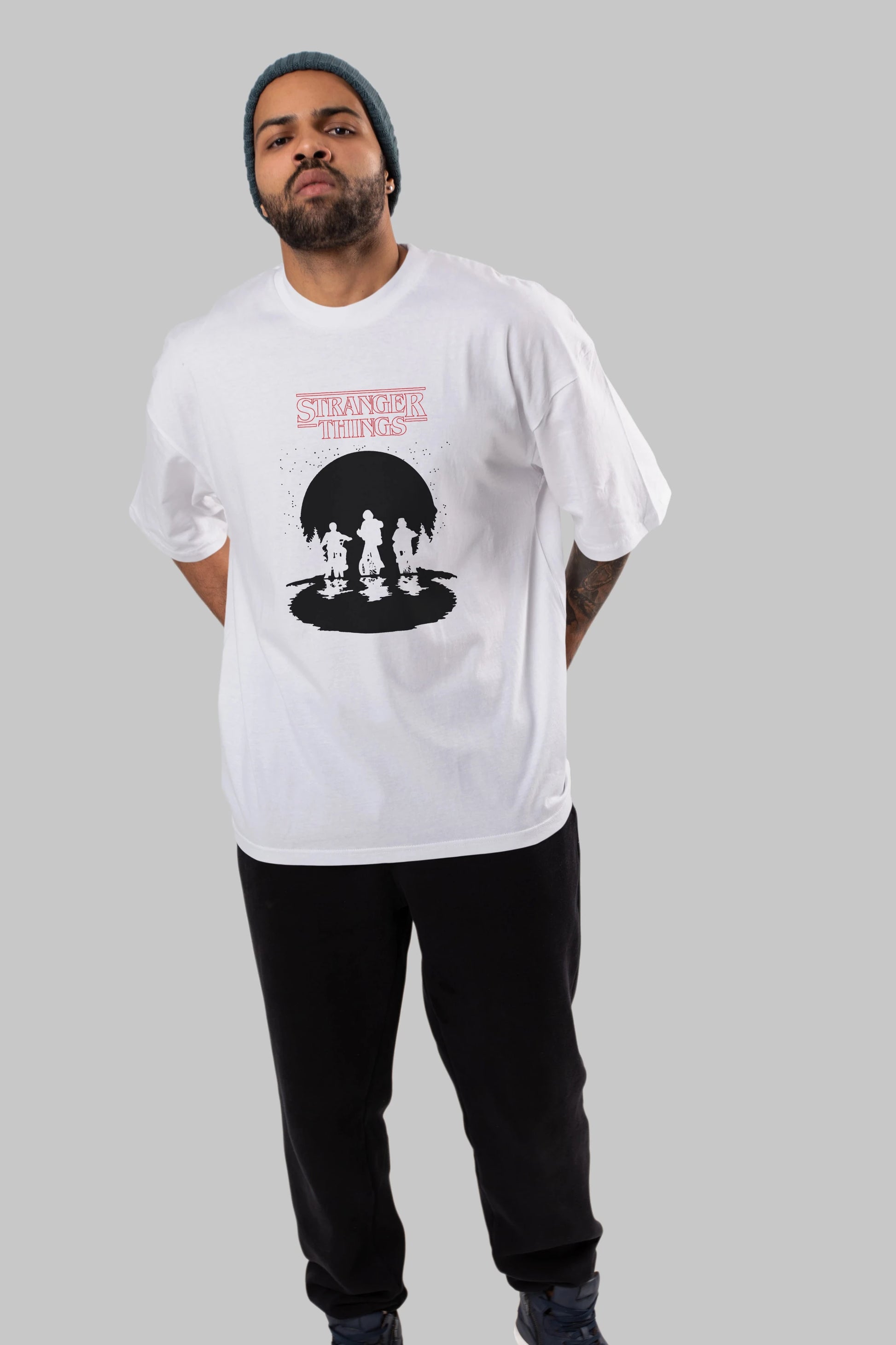 Stranger Things Ön Baskılı Oversize t-shirt Erkek Kadın Unisex %100 Pamuk Bisiklet Yaka tişort