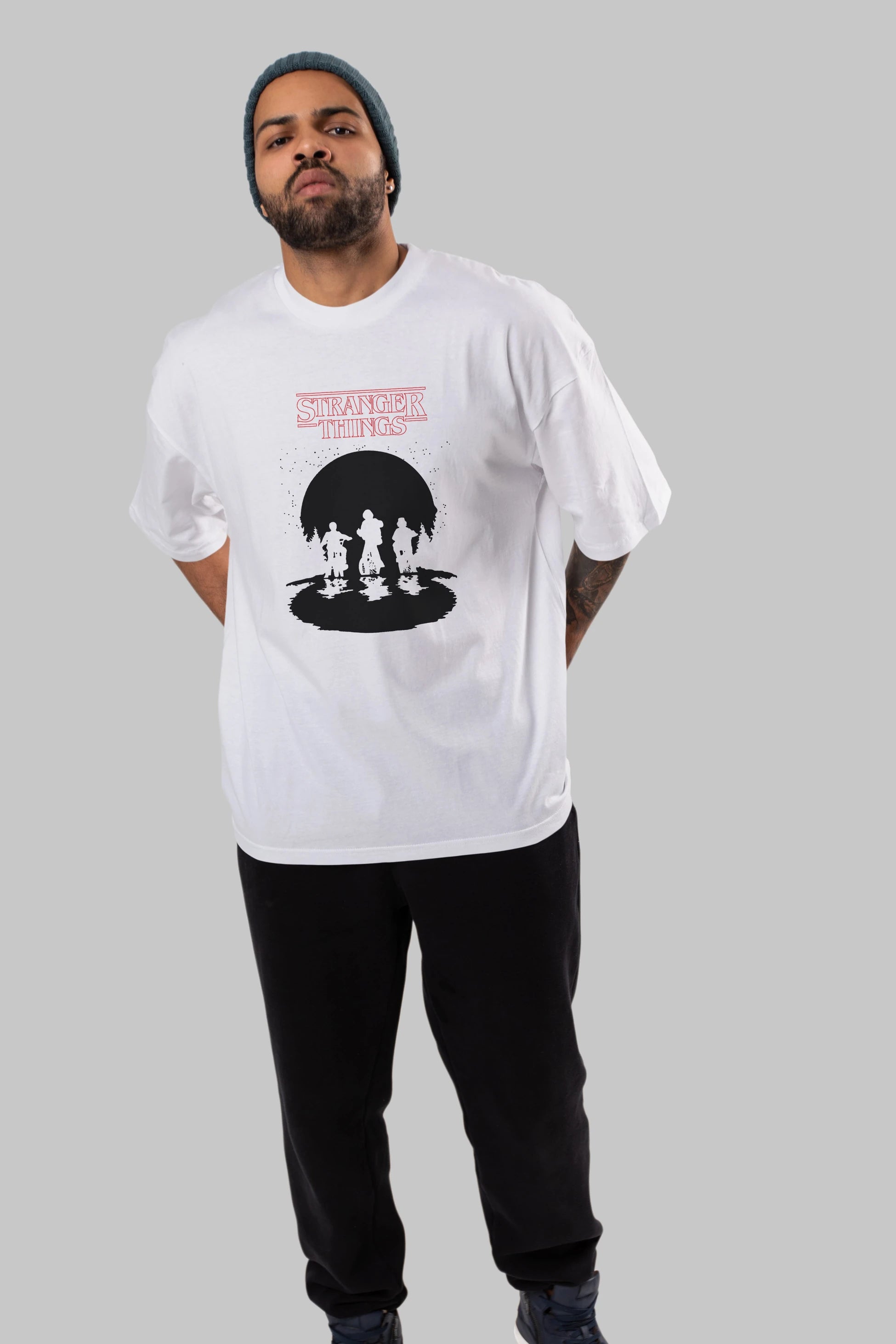Stranger Things Ön Baskılı Oversize t-shirt Erkek Kadın Unisex %100 Pamuk Bisiklet Yaka tişort