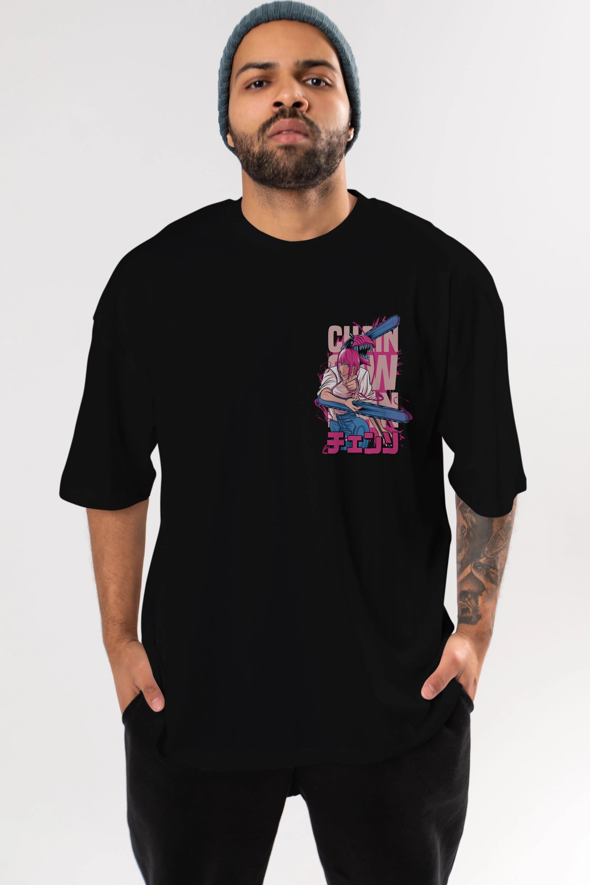 DENJI and MAKIMA Ön Sol Baskılı Oversize t-shirt Erkek Kadın Unisex %100 Pamuk Bisiklet Yaka tişort