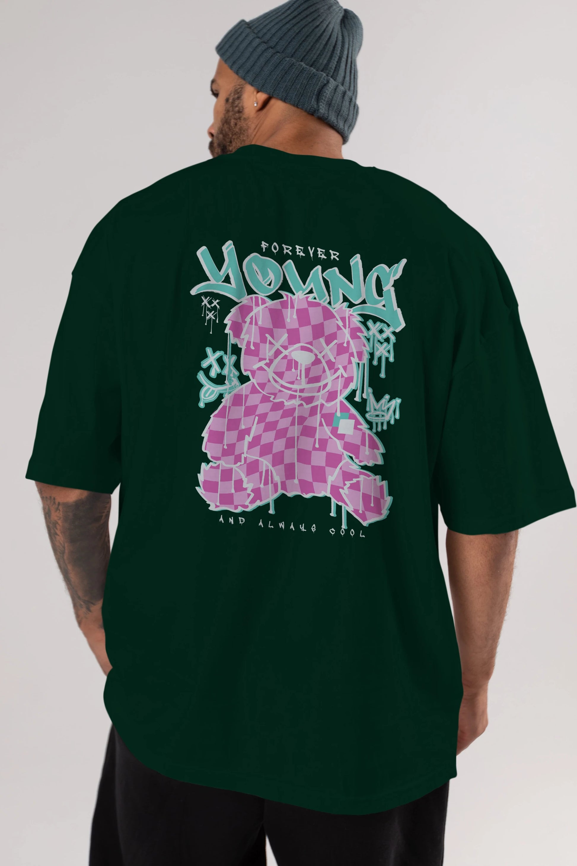 Young and Always Cool Bear Arka Baskılı Oversize t-shirt Erkek Kadın Unisex