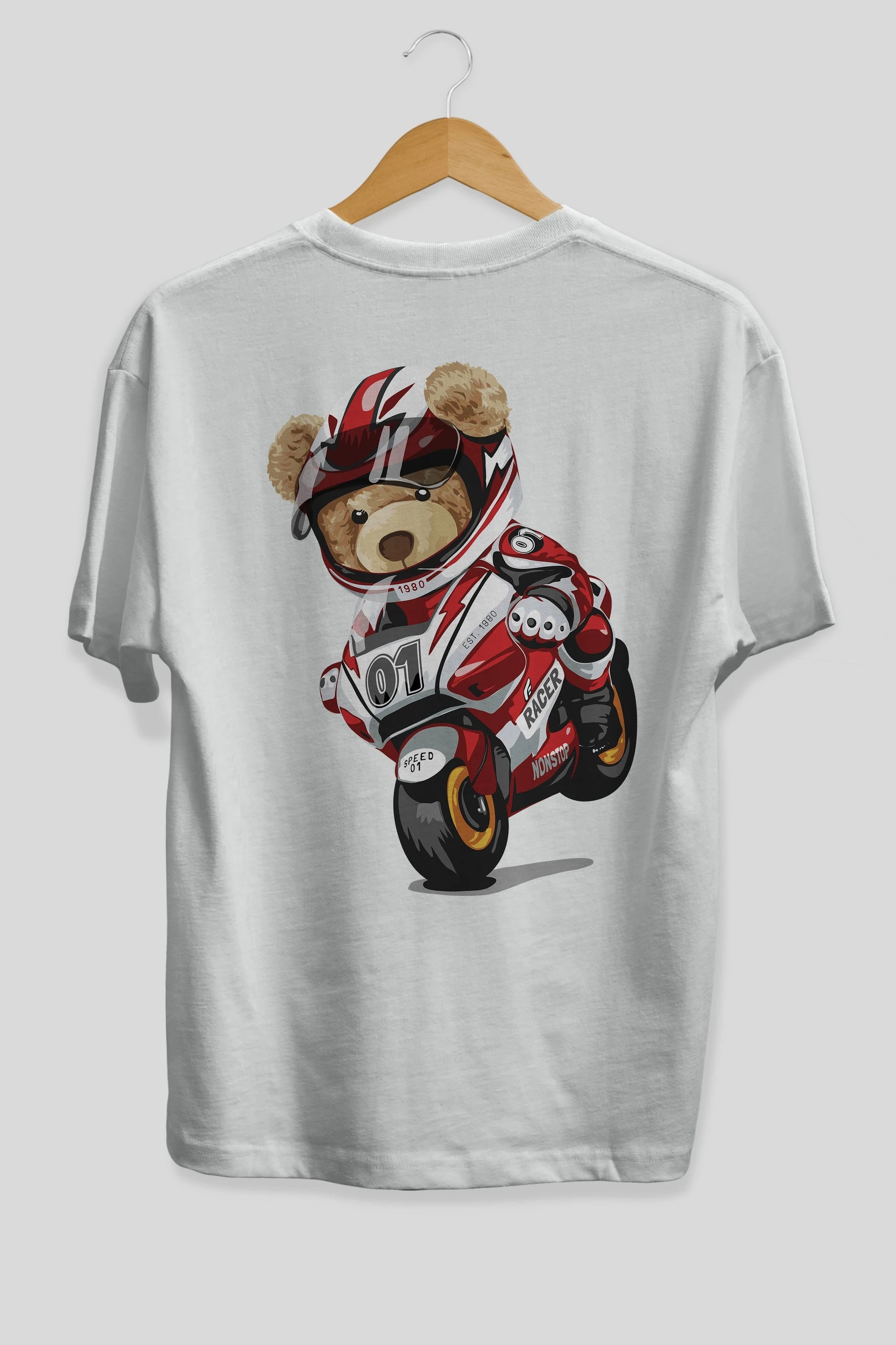 Teddy Bear Racer Arka Baskılı Oversize t-shirt Erkek Kadın Unisex %100 Pamuk