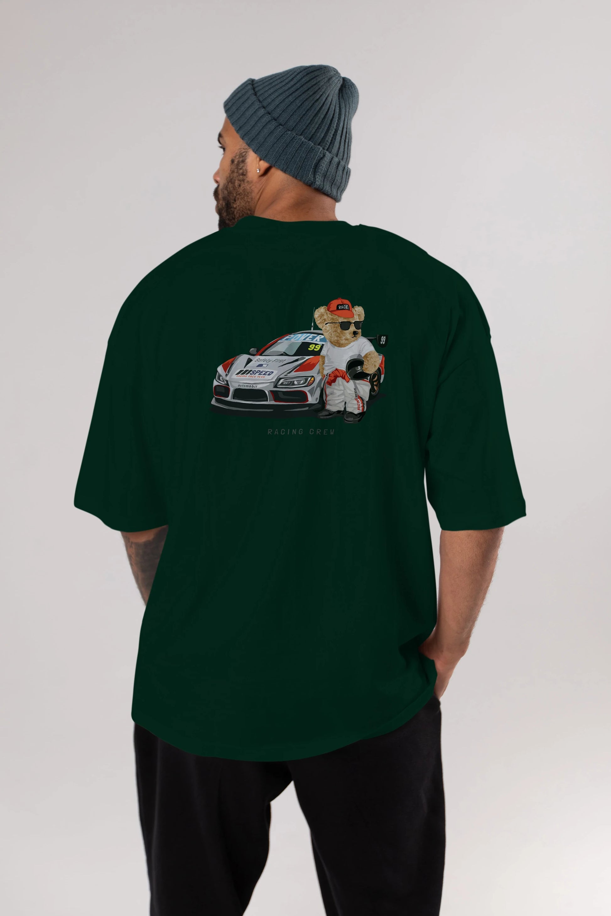 Teddy Bear Racing Crew Arka Baskılı Oversize t-shirt Erkek Kadın Unisex %100 Pamuk