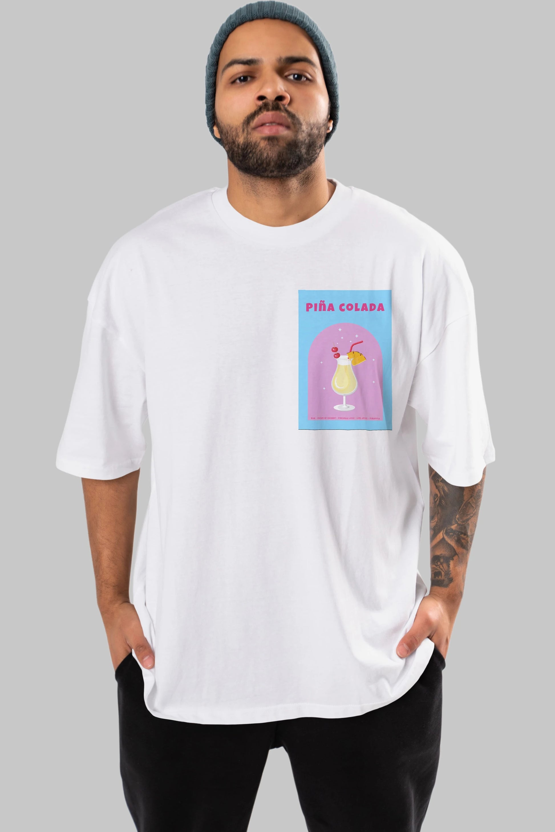 Pina Colada 2 Ön Sol Baskılı Oversize t-shirt Erkek Kadın Unisex %100 Pamuk Bisiklet Yaka tişort