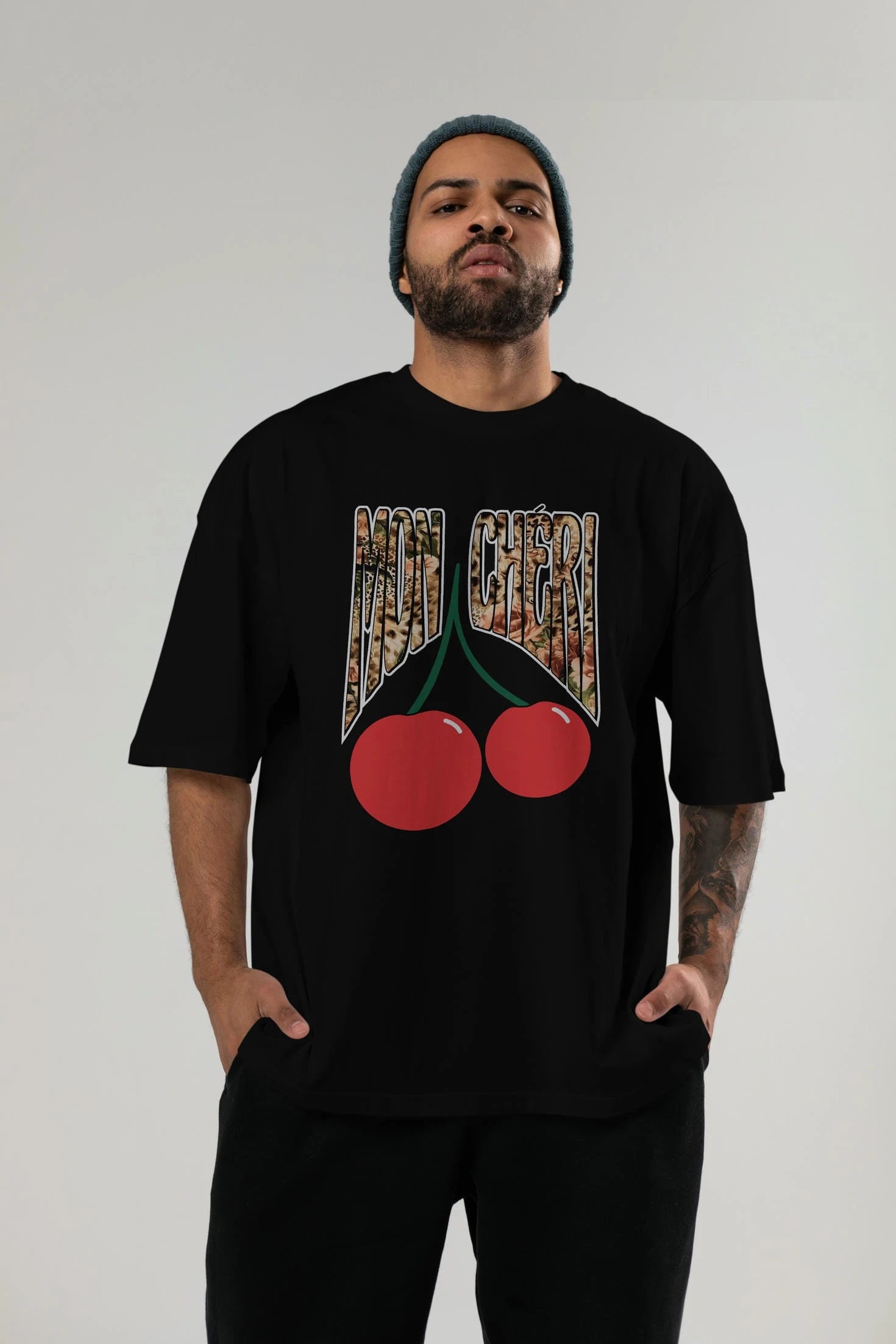 Mon Cherry Cherries Ön Baskılı Oversize t-shirt Erkek Kadın Pamuk Bisiklet Yaka tişort