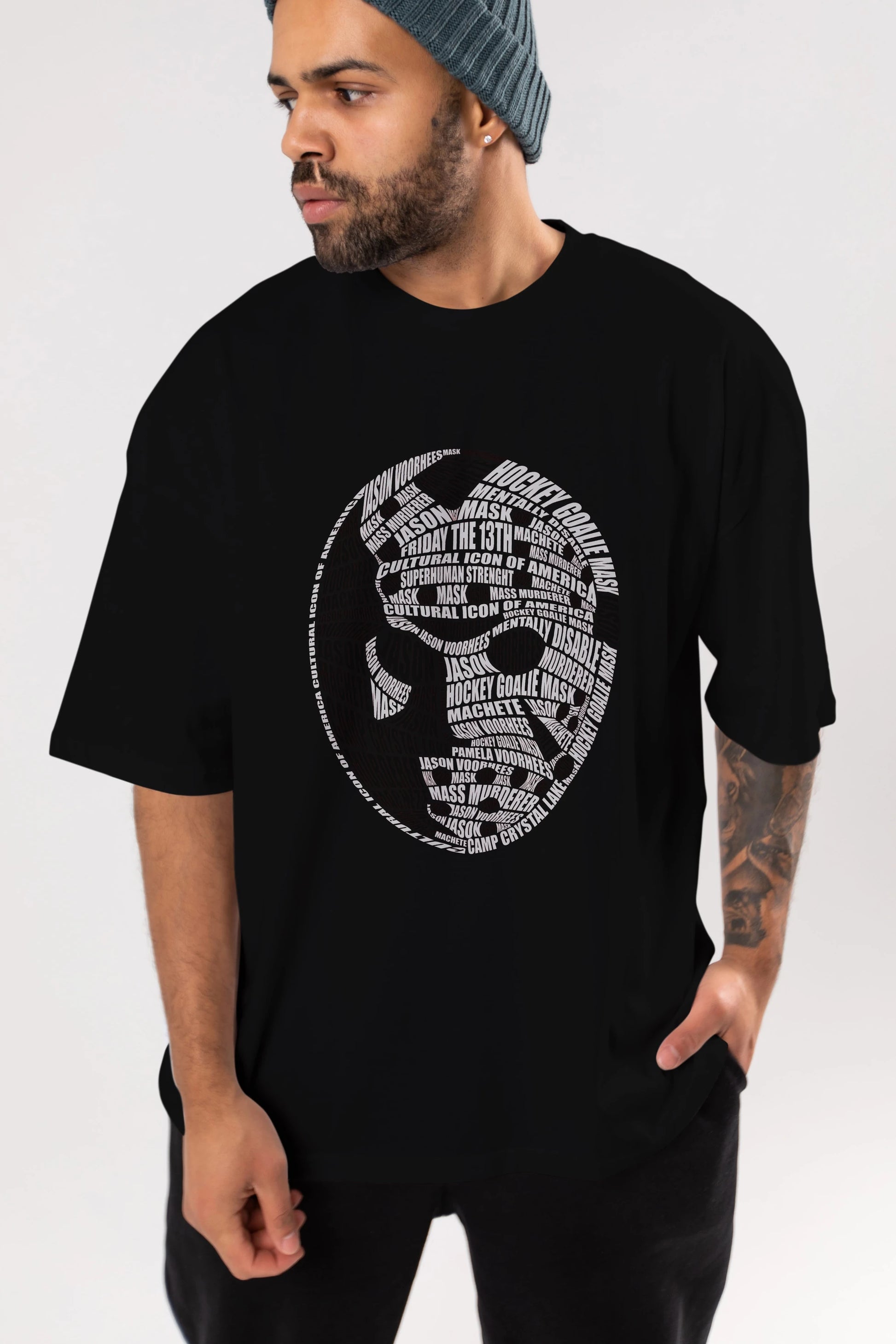 Jason Voorhees Calligram Ön Baskılı Oversize t-shirt %100 pamuk Erkek Kadın Unisex