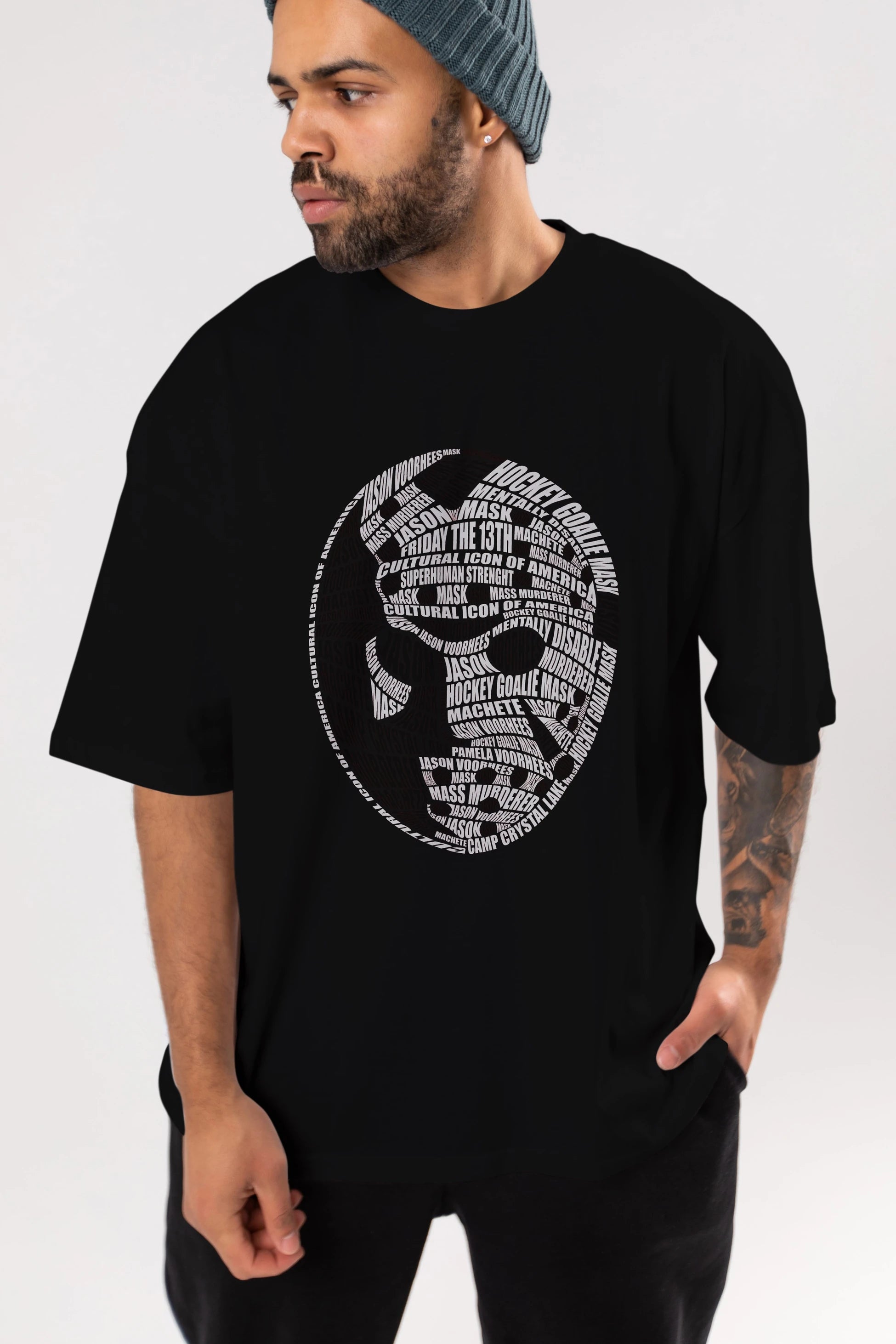Jason Voorhees Calligram Ön Baskılı Oversize t-shirt %100 pamuk Erkek Kadın Unisex