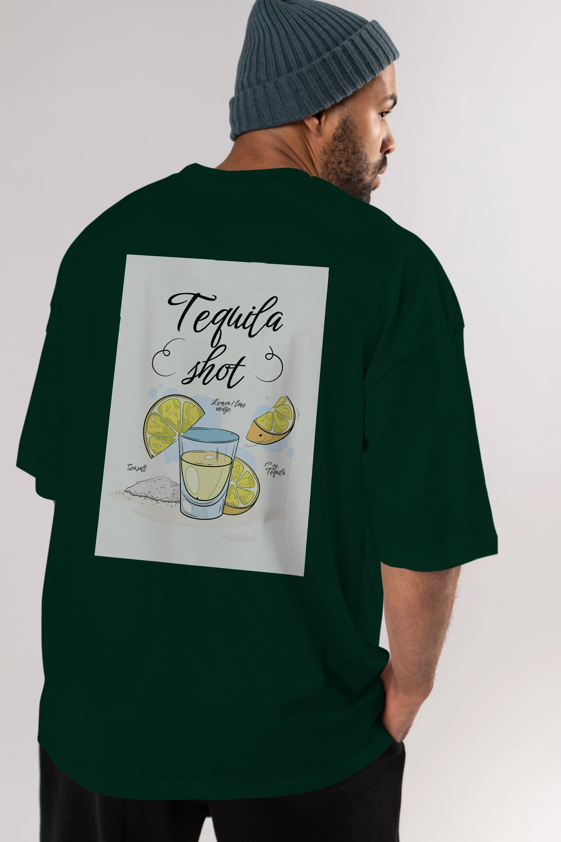 Tequila Shot Arka Baskılı Oversize t-shirt Erkek Kadın Unisex %100 Pamuk Bisiklet Yaka tişort