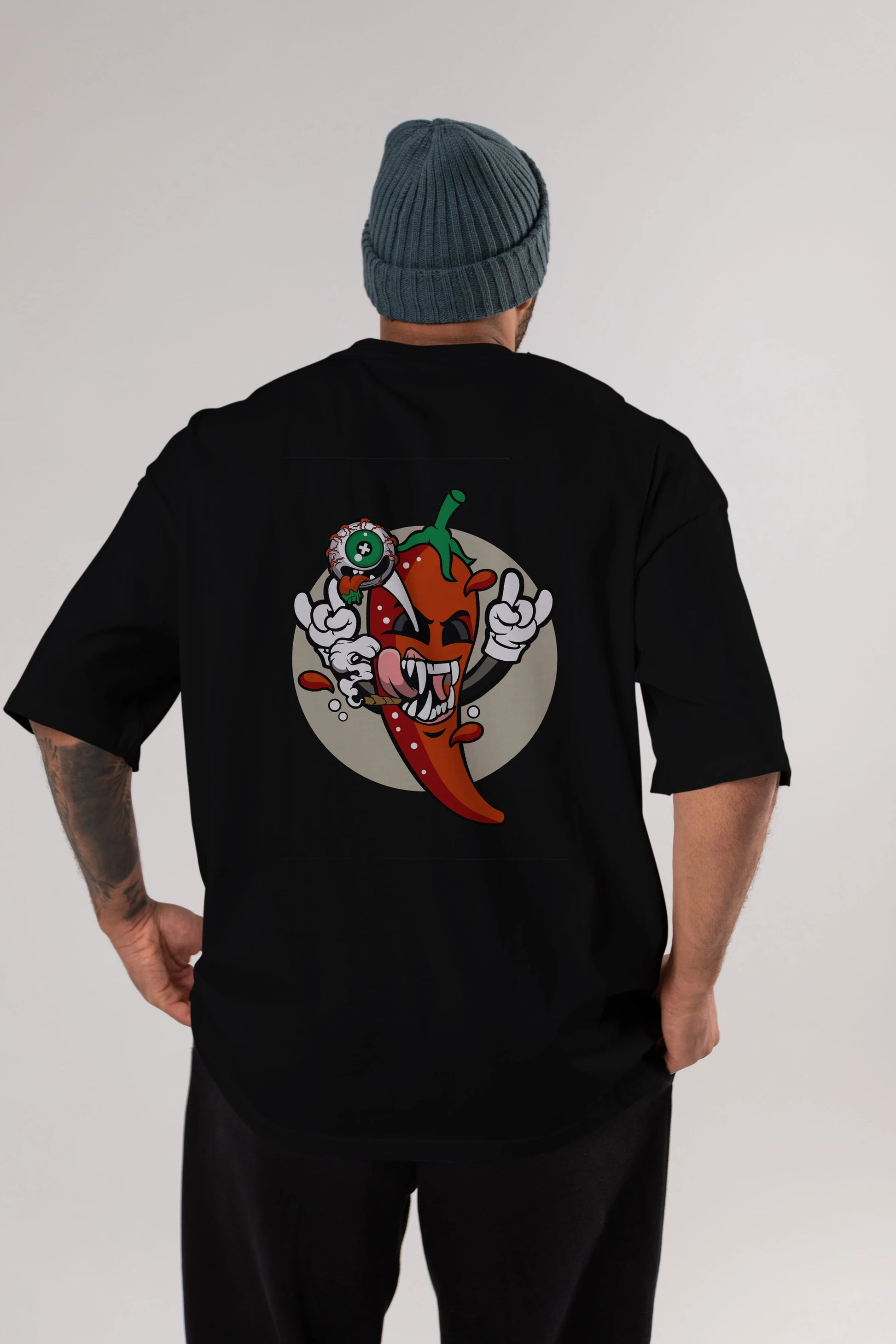 Chili Monster Arka Baskılı Oversize t-shirt Erkek Kadın Unisex %100 Pamuk tişort