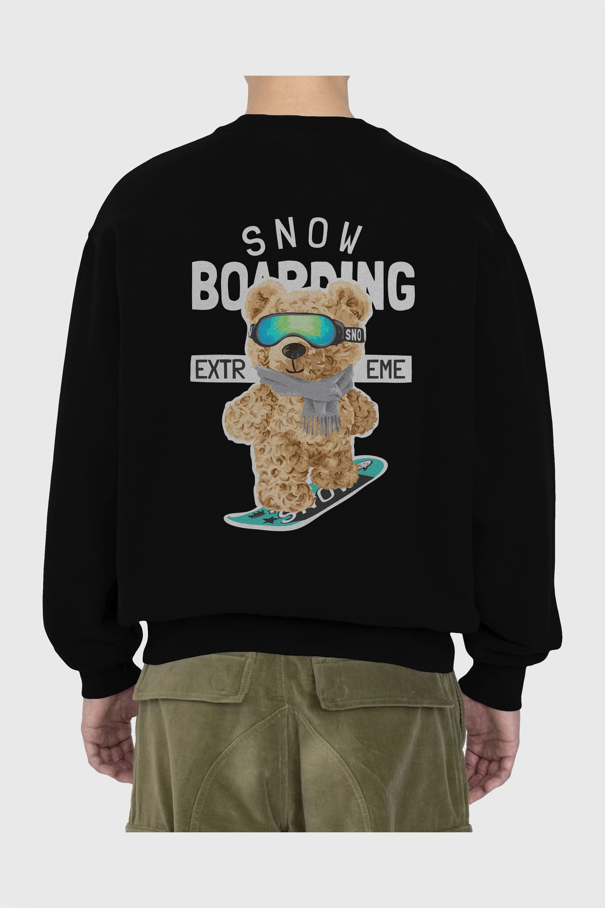 Teddy Bear Snow Boarding Arka Baskılı Oversize Sweatshirt Erkek Kadın Unisex