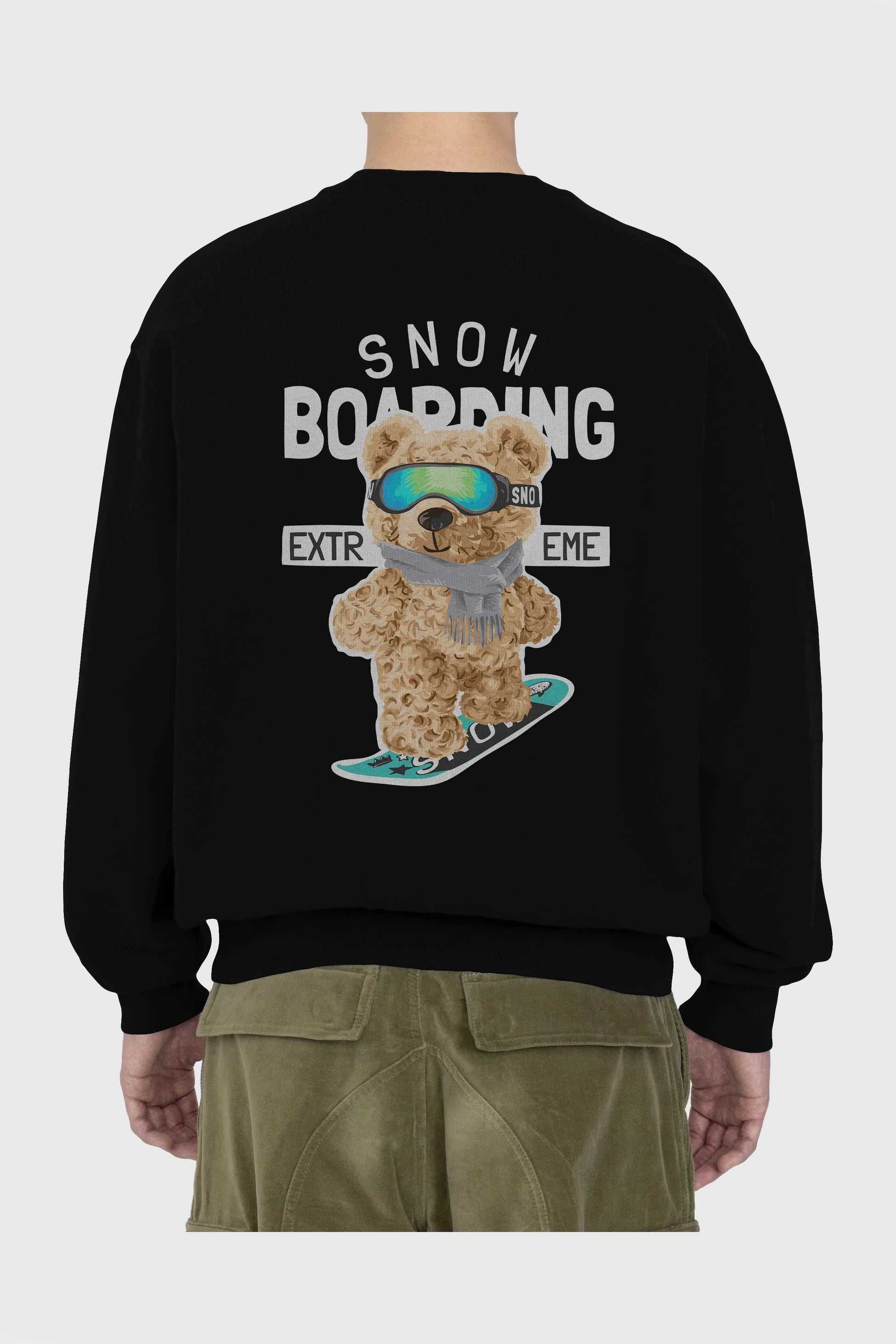 Teddy Bear Snow Boarding Arka Baskılı Oversize Sweatshirt Erkek Kadın Unisex