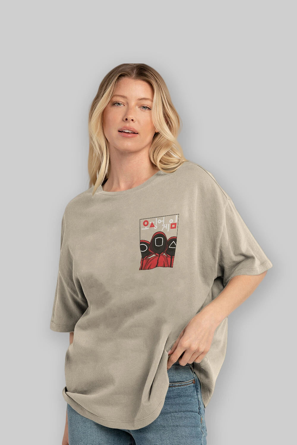 Squid Game (7) Ön Sol Baskılı Oversize t-shirt Erkek Kadın Unisex %100 Pamuk Bisiklet Yaka tişort